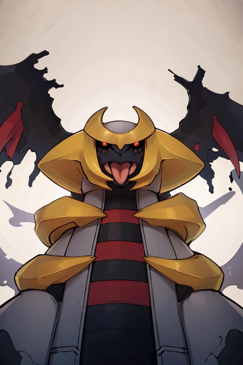 ((masterpiece,best quality)), absurdres, <lora:Giratina:0.8>, Giratina, no humans, solo,  animal focus, black sclera, colored sclera, creatures (company), dragon, expressionless, game freak, gen 4 pokemon, giratina, highres, horns, legendary pokemon, looking at viewer, nintendo, pokemon, pokemon (creature), red eyes, simple background, tongue, tongue out, upper body