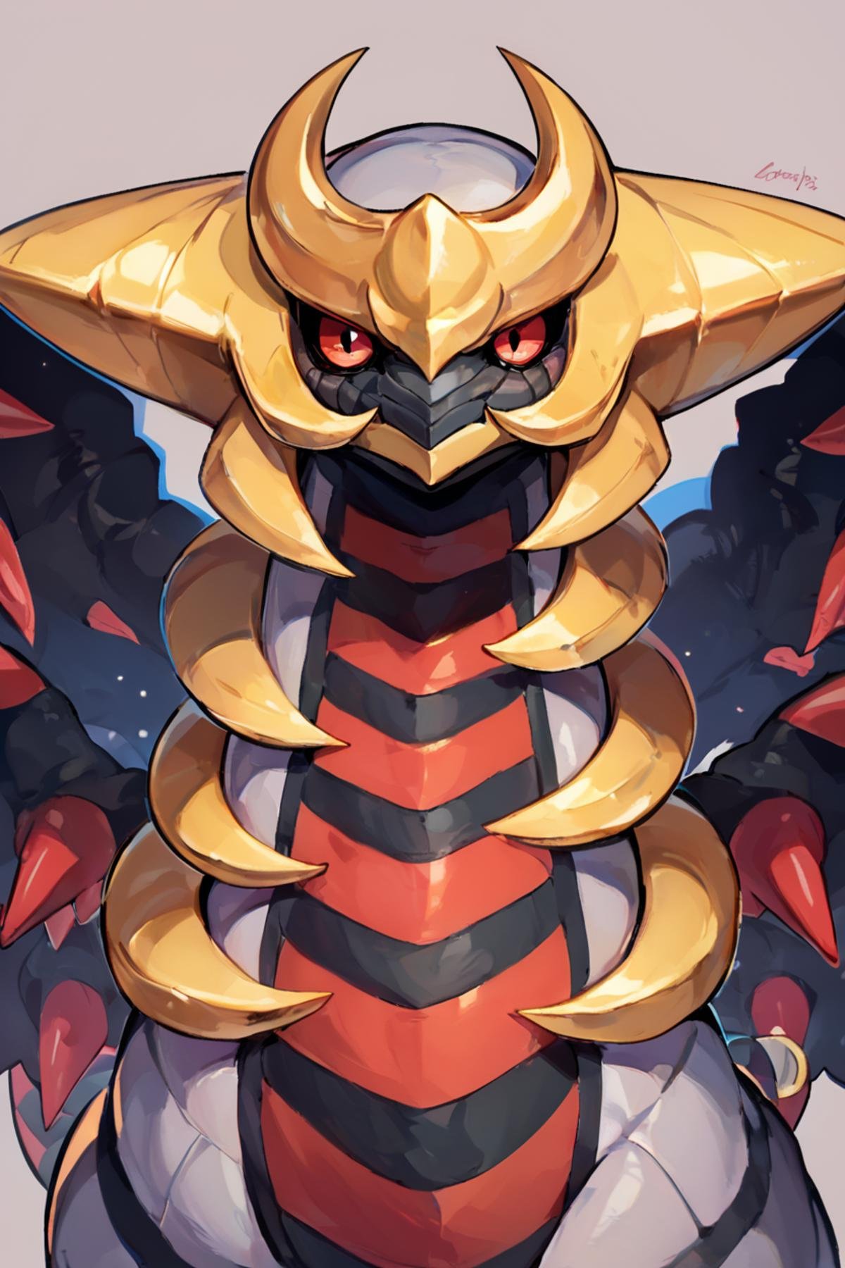 score_9, score_8_up, score_8,   zzGiratina, animal focus, artist request, black sclera, colored sclera, dragon, dragon wings, giratina (altered), highres, horns, looking at viewer, red eyes, simple background, upper body, wings, quadruped,  ,<lora:Giratina_P3:0.8>,  embedding:zPDXL,  <lora:Vivid:0.8>,