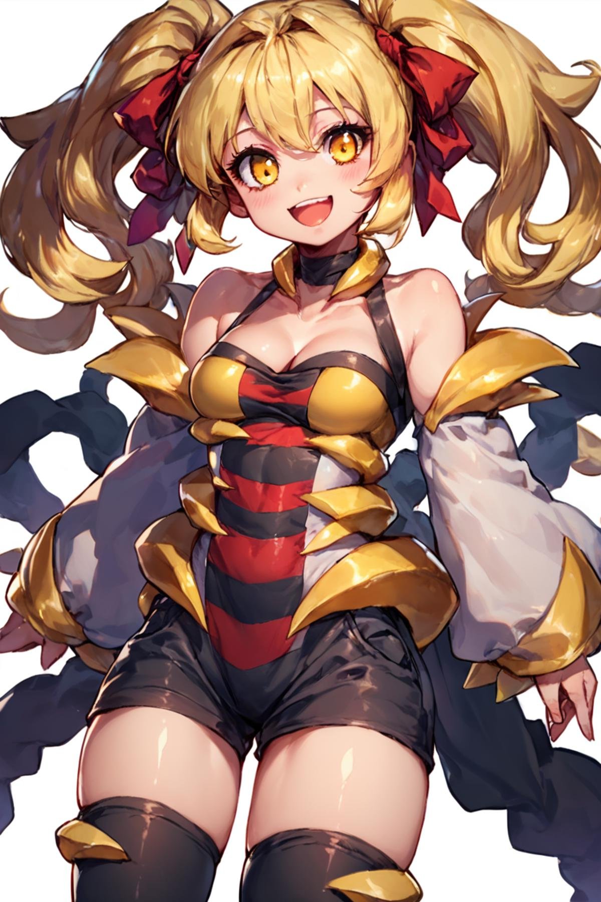 score_9, score_8_up, score_8,   zzGiratinaGijinka, best quality, cute, 00s, 1girl, bare shoulders, blonde hair, blush, breasts, cleavage, detached sleeves, hair ribbon, kuro guren, looking at viewer, open mouth, gold bkini, ribbon, smile, thighhighs, twintails, white background, yellow eyes,     ,<lora:Giratina_P3:0.8>,  embedding:zPDXL,  <lora:Vivid:0.8>,