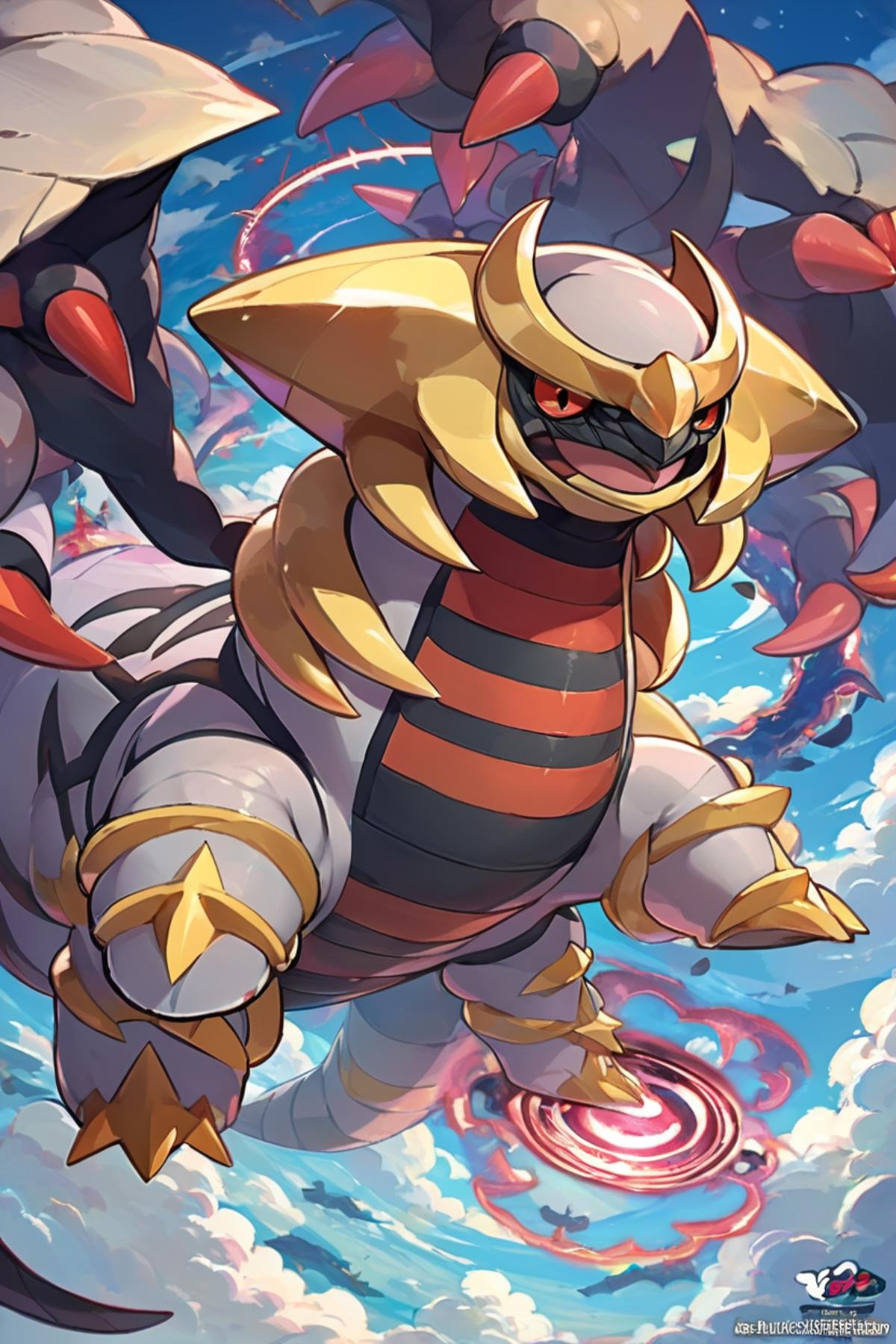 score_9, score_8_up, score_8,   zzGiratina, cloud, cloudy sky, colored sclera, dragon, dragon tail, flying, giratina (origin), logo, official art, pokemon tcg, portal (object), red eyes, sky, source request, spikes, tail,  ,<lora:Giratina_P3:0.8>,  embedding:zPDXL,  <lora:Vivid:0.8>,