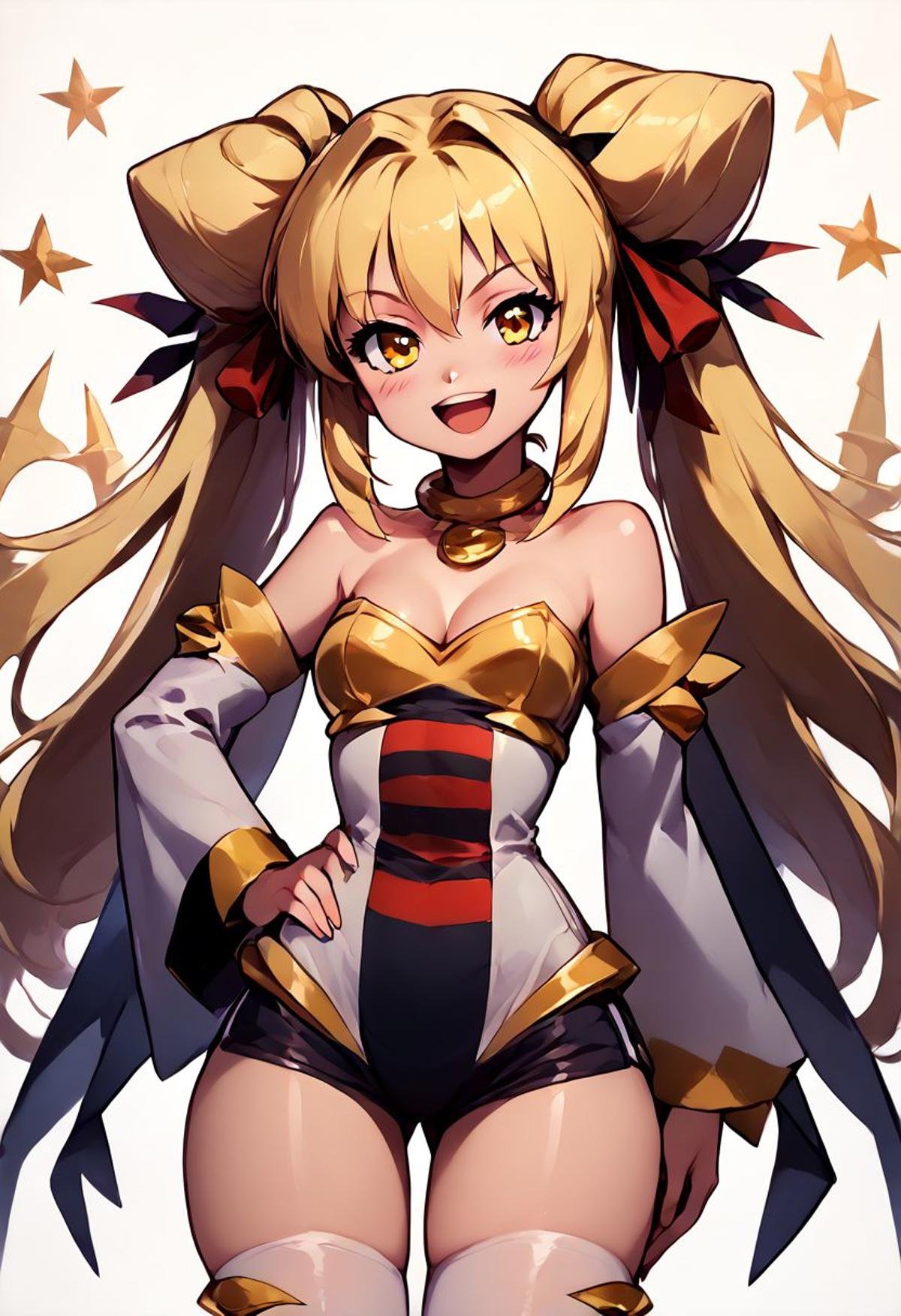 score_9, score_8_up, score_8, zzGiratinaGijinka, best quality, cute, 00s, 1girl, bare shoulders, blonde hair, blush, breasts, cleavage, detached sleeves, hair ribbon, kuro guren, looking at viewer, open mouth, gold bkini, ribbon, smile, thighhighs, twintails, white background, yellow eyes, ,<lora:Giratina_P3:0.8>, embedding:zPDXL, <lora:Vivid:0.8>,BREAK, contrapposto, hip to the side, hand on hip, smug, blush, smile, looking at viewer, wide hips, narrow waist, zPDXL