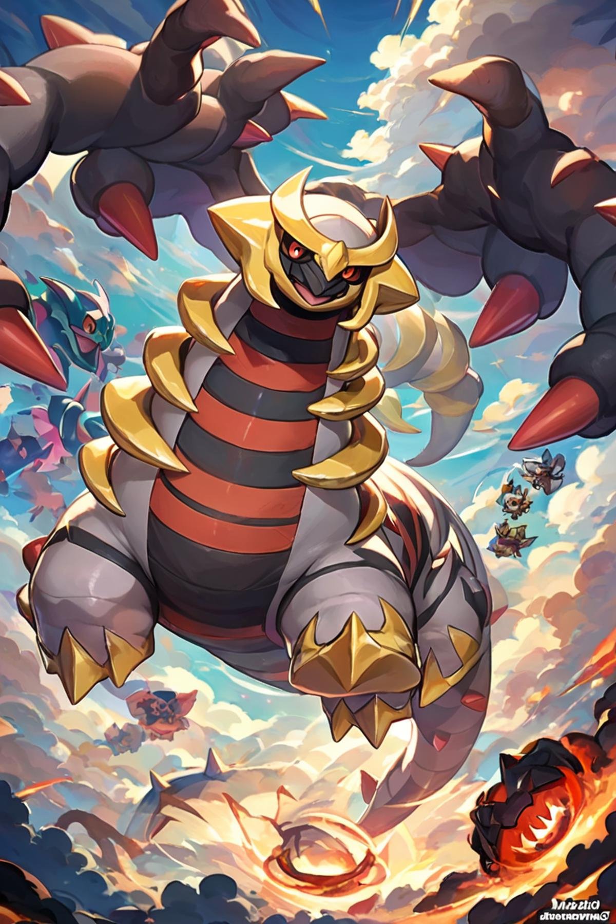 score_9, score_8_up, score_8,   zzGiratina, cloud, cloudy sky, colored sclera, dragon, dragon tail, flying, giratina (origin), logo, official art, pokemon tcg, portal (object), red eyes, sky, source request, spikes, tail,  ,<lora:Giratina_P3:0.8>,  embedding:zPDXL,  <lora:Vivid:0.8>,