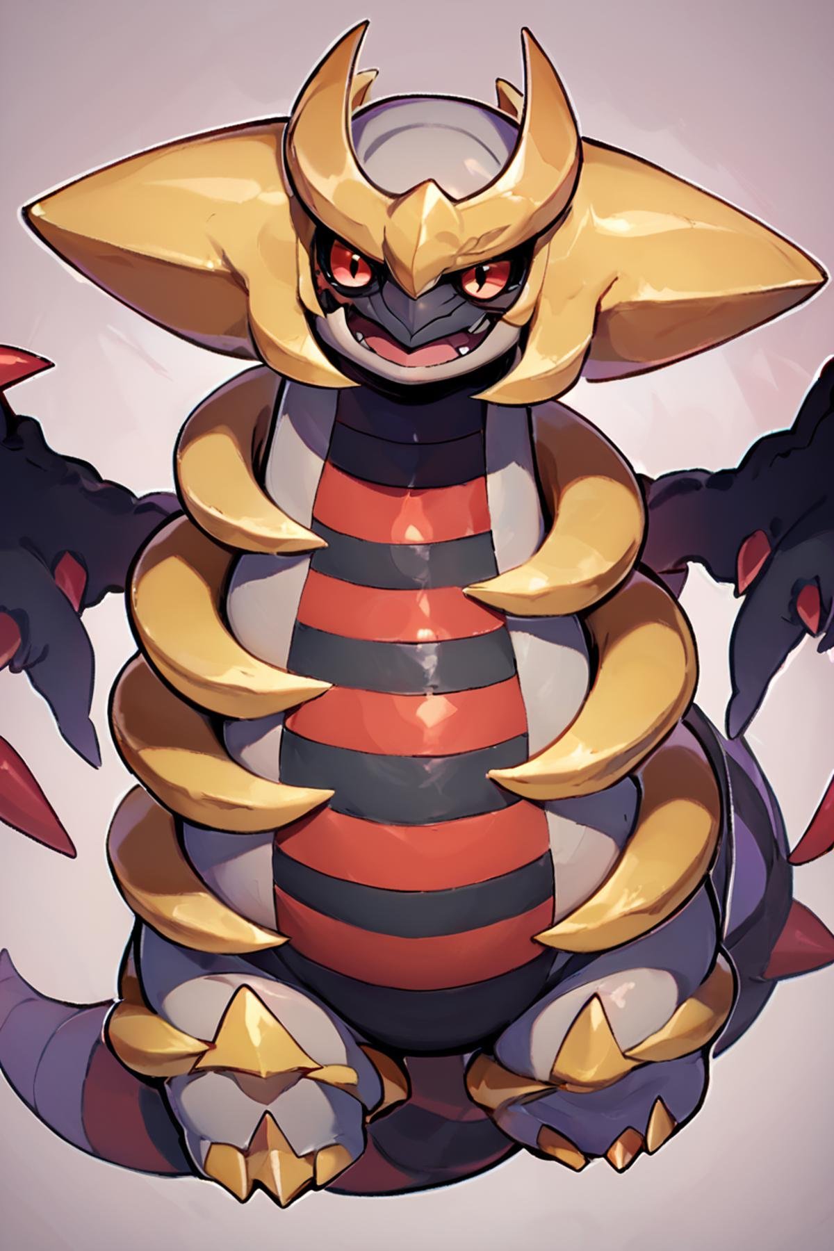 score_9, score_8_up, score_8,   zzGiratina, animal focus, artist request, black sclera, colored sclera, dragon, dragon wings, giratina (altered), highres, horns, looking at viewer, red eyes, simple background, wings, quadruped,  ,<lora:Giratina_P3:0.8>,  embedding:zPDXL,  <lora:Vivid:0.8>,