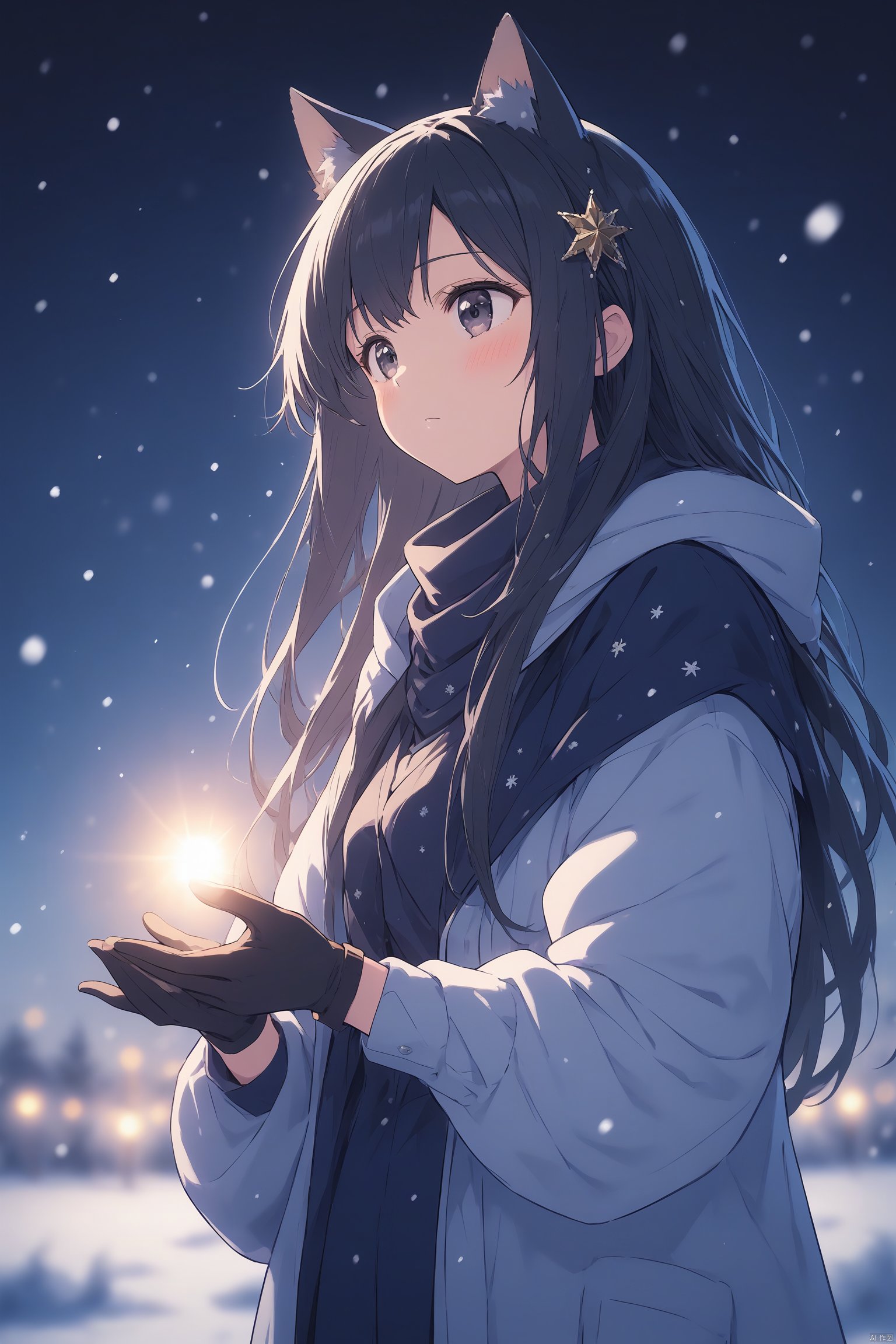 1girl, animal_ears, black_gloves, black_hair, blush, bracelet, gloves, hair_ornament, jewelry, light_particles, long_hair, long_sleeves, snow, snowing, star_\(sky\), starry_sky, starry_sky_print