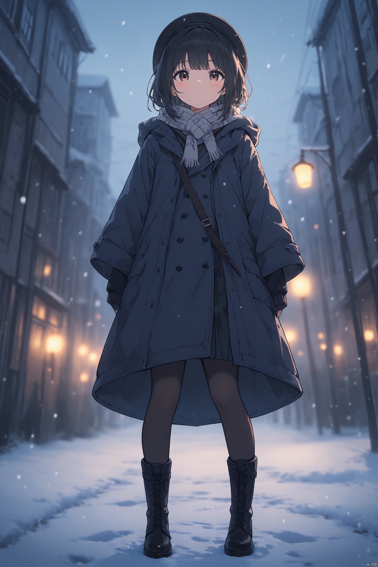 best quality, amazing quality, very aesthetic, absurdres,1girl, bangs, black_footwear, black_hair, boots, brown_eyes, building, coat, hat, knee_boots, lamp, lantern, looking_at_viewer, scarf, snow, snowing, solo, standing, winter, winter_clothes