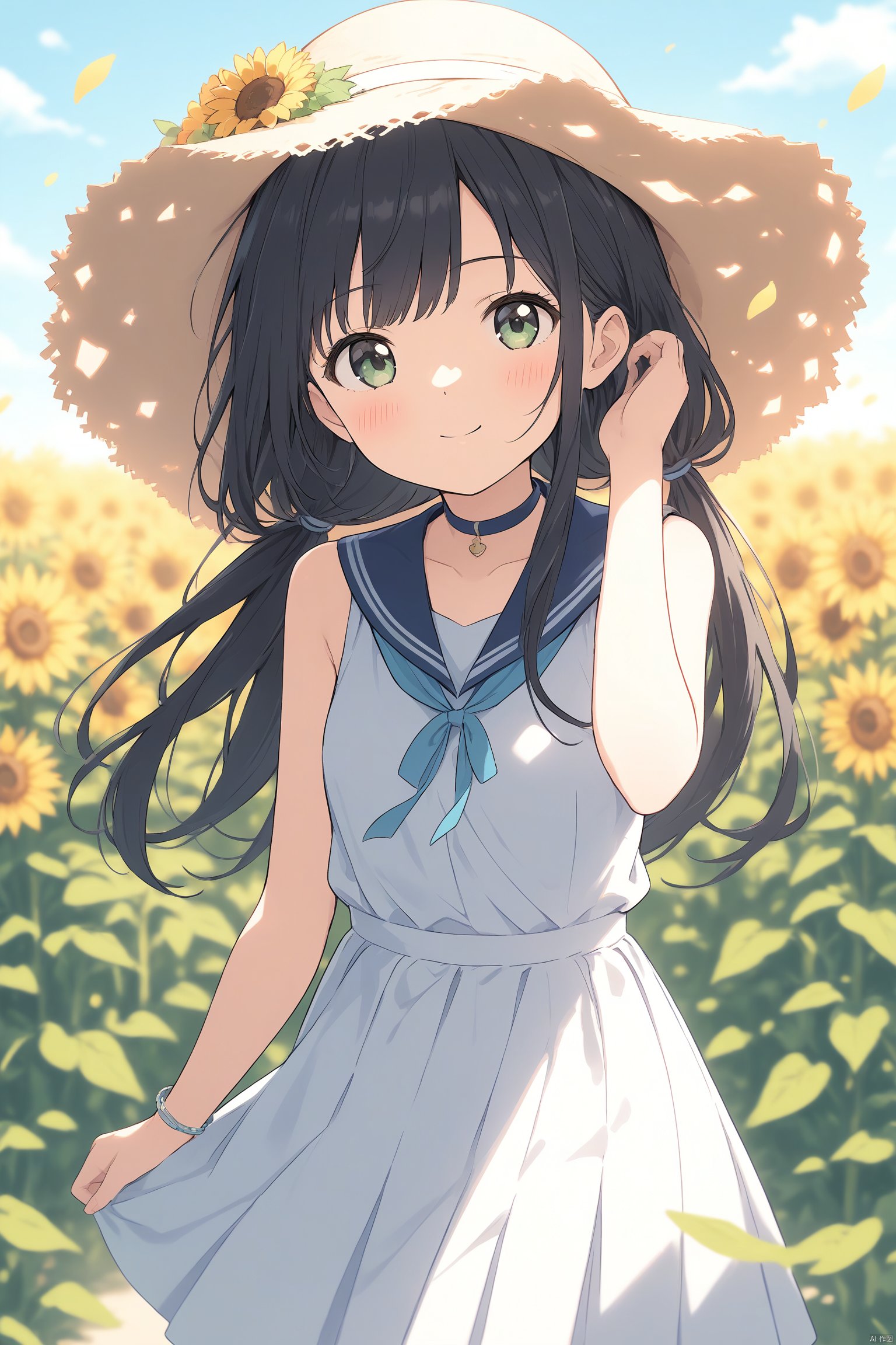 1girl, solo, flower, hat, dress, long hair, sunflower, straw hat, white dress, blue sailor collar, black hair, petals, sailor collar, holding, twintails, green eyes, holding flower, looking at viewer, sleeveless, bracelet, sailor dress, blush, jewelry, yellow flower, low twintails, hand on headwear, bangs, collarbone, closed mouth, sleeveless dress, very long hair, bare shoulders, arm up, choker, ribbon, brown headwear, white background, sun hat