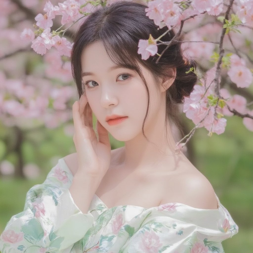 Portrait of Jiheon in pastel green kimono dress off shoulders, setting smooth blossoms background, blurry foreground with blossoms flowers, gradient eyes, soft focus, shoulders shot