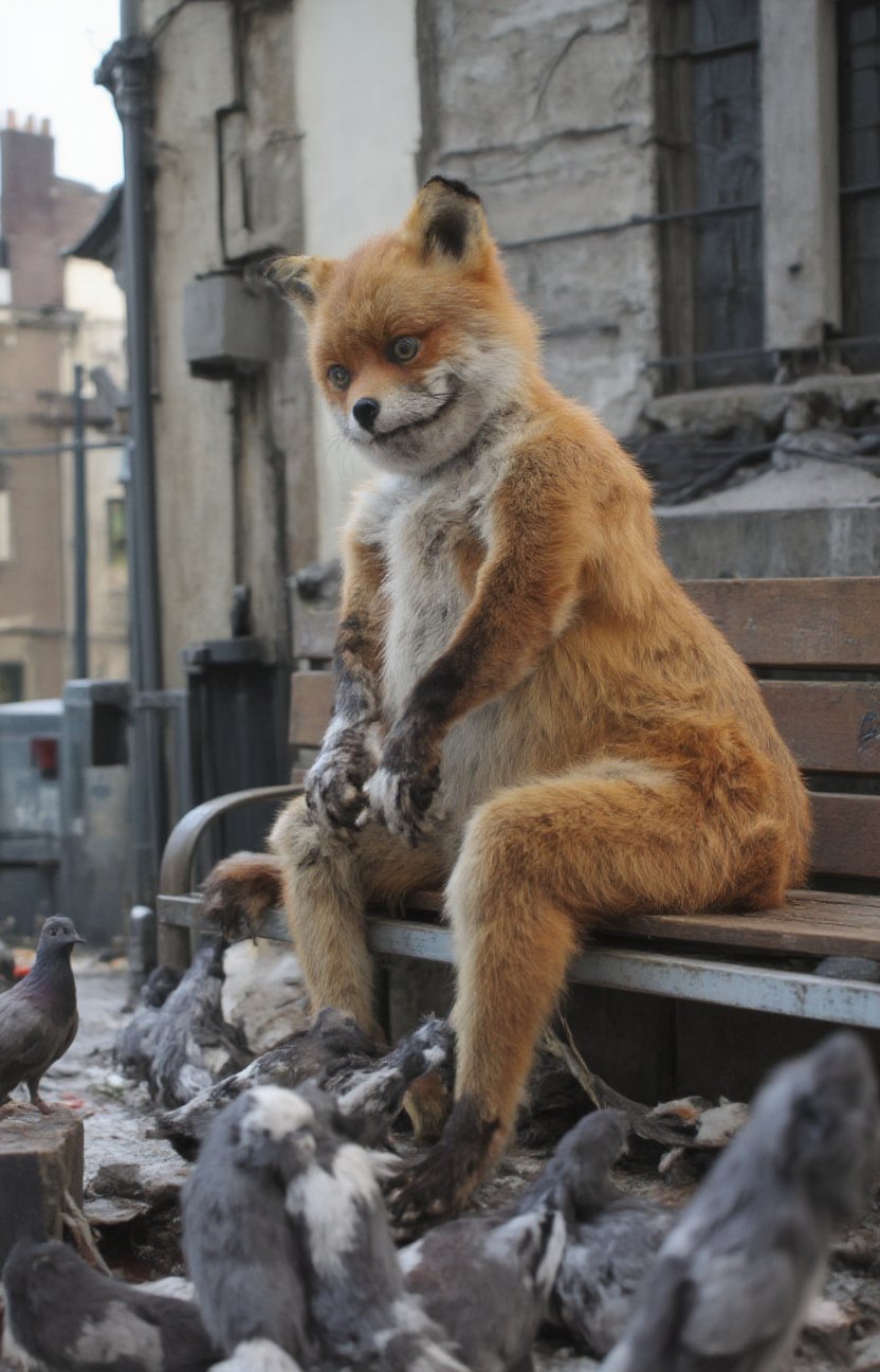 side view,  a staring fox sitting head down on a bench feeding pigeons  