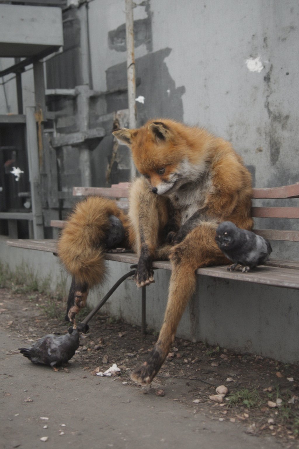 side view,  a staring fox sitting head down on a bench feeding pigeons  