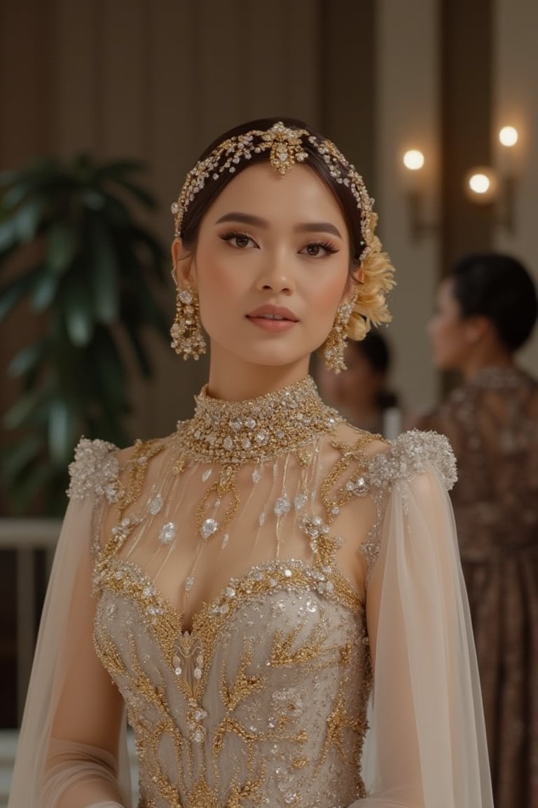 A beautiful Indonesian woman at a luxurious modern party, wearing an elegant and lavish white and gold kebaya dress, hijab, and diamond necklace. She is poised and sexy, captured in perfect lighting with exquisite jewelry. The scene is in Ultra HD 8K, capturing the best moment with a detailed and vibrant composition.