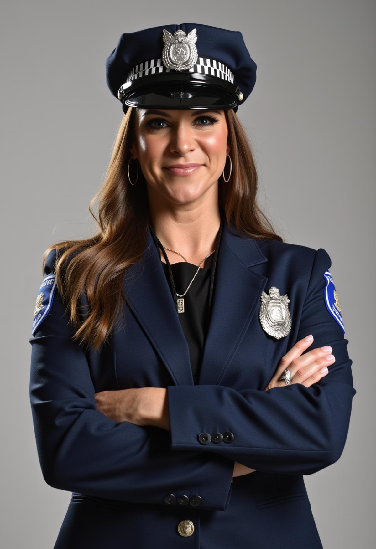 A photo of Stephanie McMahon wearing a police uniform,  <lora:Stephanie_McMahon:1>