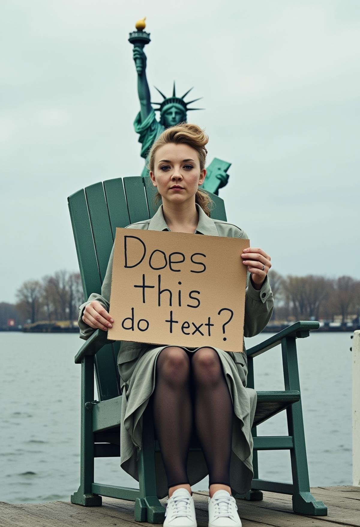 a photo of Natalie Dormer sitting in a deck chair on the Statue of Liberty, she is holding a cardboard sign with text on it that says "Does this do text?",  <lora:Natalie_Dormer:1>