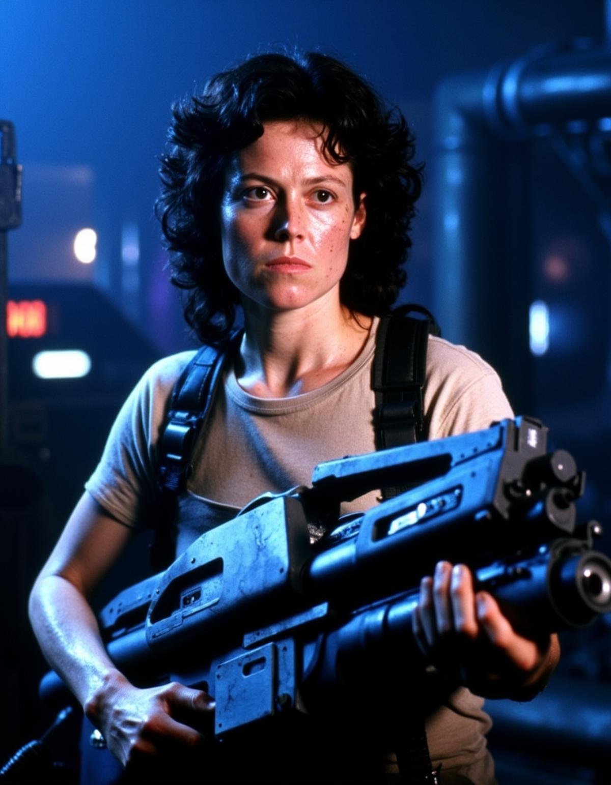 The image is a photograph from the science fiction film "Aliens" directed by James Cameron. It features a close-up of Ellen Ripley, played by Sigourney Weaver, a character known for her bravery and resourcefulness. Ripley, with a determined and focused expression, is holding a large, futuristic, and menacing-looking alien weapon. The weapon is predominantly blue and black, with metallic textures and a bulky design, suggesting high-tech and powerful capabilities.Ripley's outfit consists of a beige, short-sleeved t-shirt, which is slightly dirty and stained, indicating she has been through a rough ordeal. She wears black tactical gear, including a harness over her shoulders, which adds to the rugged and prepared appearance. Her curly, dark hair is damp, possibly from sweat or rain, and her face is slightly smeared with dirt, emphasizing her gritty, no-nonsense persona.The background is blurred but suggests a dimly lit, industrial setting, possibly on a spaceship or a military base. The lighting is predominantly blue and purple, casting a cool, eerie ambiance that enhances the tense atmosphere of the scene. The overall mood is one of intense preparation and imminent danger, reflecting the high-stakes environment of the film., <lora:Ellen_Ripley:1>