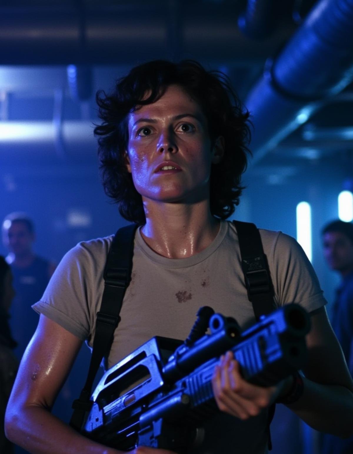 The image is a photograph from the science fiction film "Aliens" directed by James Cameron. It features a close-up of Ellen Ripley, played by Sigourney Weaver, a character known for her bravery and resourcefulness. Ripley, with a determined and focused expression, is holding a large, futuristic, and menacing-looking alien weapon. The weapon is predominantly blue and black, with metallic textures and a bulky design, suggesting high-tech and powerful capabilities.Ripley's outfit consists of a beige, short-sleeved t-shirt, which is slightly dirty and stained, indicating she has been through a rough ordeal. She wears black tactical gear, including a harness over her shoulders, which adds to the rugged and prepared appearance. Her curly, dark hair is damp, possibly from sweat or rain, and her face is slightly smeared with dirt, emphasizing her gritty, no-nonsense persona.The background is blurred but suggests a dimly lit, industrial setting, possibly on a spaceship or a military base. The lighting is predominantly blue and purple, casting a cool, eerie ambiance that enhances the tense atmosphere of the scene. The overall mood is one of intense preparation and imminent danger, reflecting the high-stakes environment of the film., <lora:Ellen_Ripley:1>