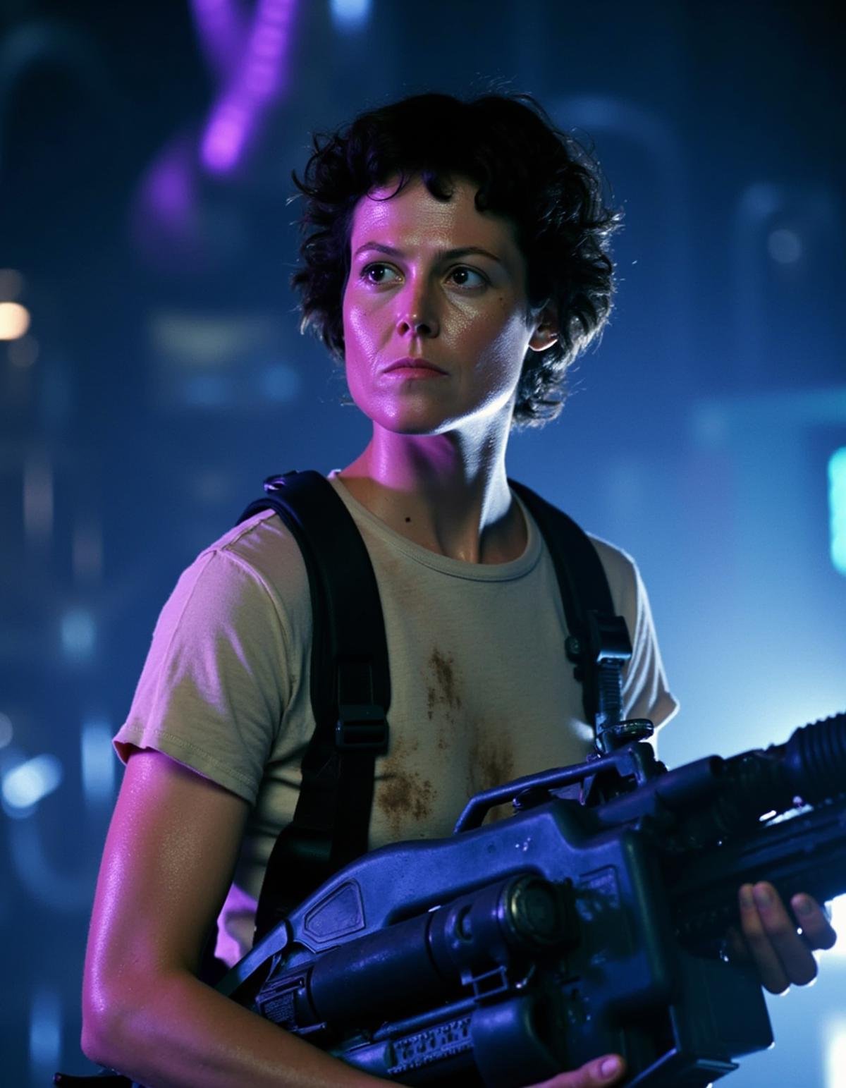 The image is a photograph from the science fiction film "Aliens" directed by James Cameron. It features a close-up of Ellen Ripley, played by Sigourney Weaver, a character known for her bravery and resourcefulness. Ripley, with a determined and focused expression, is holding a large, futuristic, and menacing-looking alien weapon. The weapon is predominantly blue and black, with metallic textures and a bulky design, suggesting high-tech and powerful capabilities.Ripley's outfit consists of a beige, short-sleeved t-shirt, which is slightly dirty and stained, indicating she has been through a rough ordeal. She wears black tactical gear, including a harness over her shoulders, which adds to the rugged and prepared appearance. Her curly, dark hair is damp, possibly from sweat or rain, and her face is slightly smeared with dirt, emphasizing her gritty, no-nonsense persona.The background is blurred but suggests a dimly lit, industrial setting, possibly on a spaceship or a military base. The lighting is predominantly blue and purple, casting a cool, eerie ambiance that enhances the tense atmosphere of the scene. The overall mood is one of intense preparation and imminent danger, reflecting the high-stakes environment of the film., <lora:Ellen_Ripley:1>