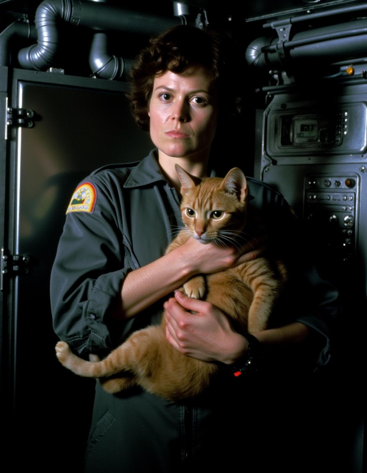 This is a still photograph from the science fiction film "Alien," featuring Sigourney Weaver as Ellen Ripley. She is depicted in a dark, industrial setting, holding a ginger tabby cat in her arms. Ripley has a serious, concerned expression on her face, looking directly into the camera. She has short, curly brown hair and is wearing a dark green jumpsuit with a patch on the left shoulder, indicating her status as a crew member. Her outfit is slightly wrinkled, giving it a worn, utilitarian appearance. On her right wrist, she wears a black digital wristwatch with a red band. The background consists of a metallic, industrial environment with various pipes, buttons, and controls, all painted in shades of gray and black, contributing to the gritty, futuristic atmosphere of the film. The lighting is dim, casting shadows and highlighting the textures of the metallic surfaces. The overall mood is tense and foreboding, reflecting the suspenseful and threatening environment of the film, <lora:Ellen_Ripley:1>