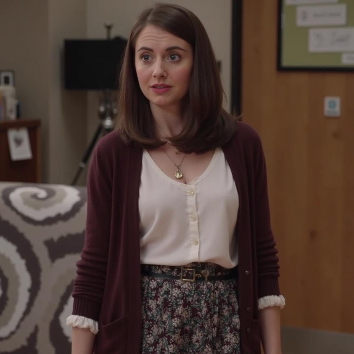 A photo of Alison Brie, blouse, cardigan, skirt, <lora:Alison_Brie:1.1>