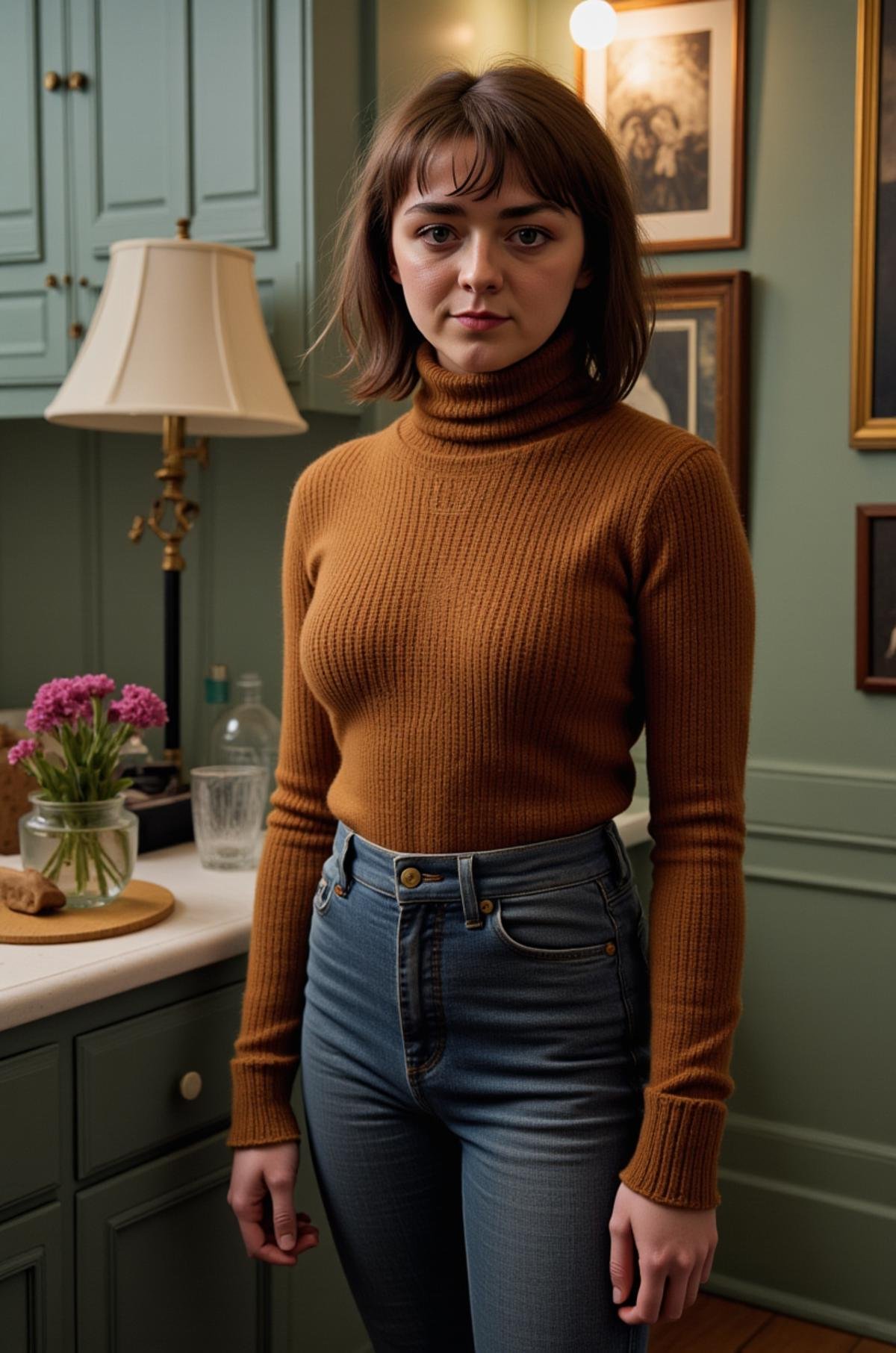 A photo of Maisie Williams wearing a turtleneck sweater, <lora:real-lora:1>, <lora:Maisie_Williams:1>