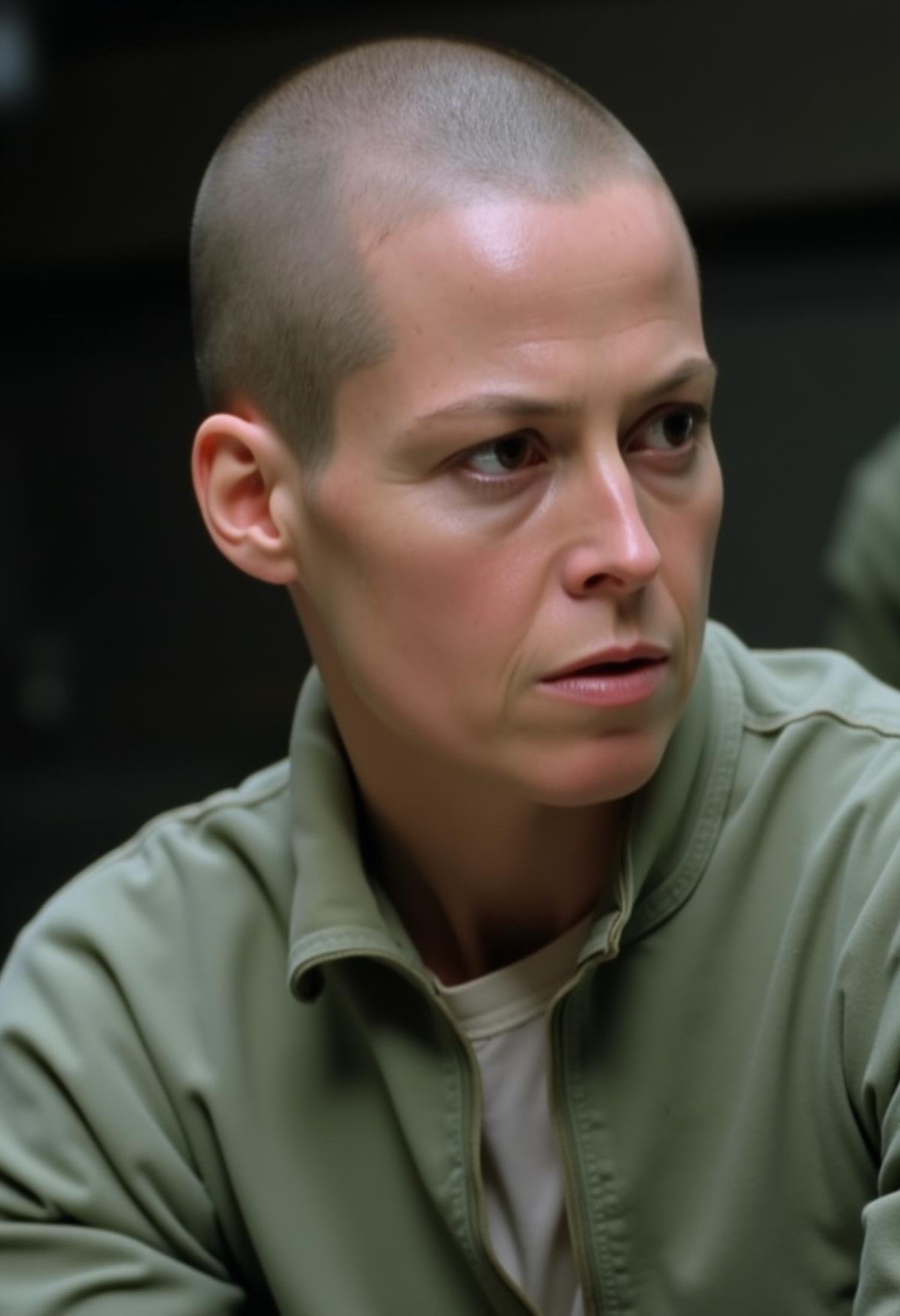 a photo of Ellen Ripley with a shaved head, she is wearing a light green flight suit,  <lora:Ellen_Ripley:1>