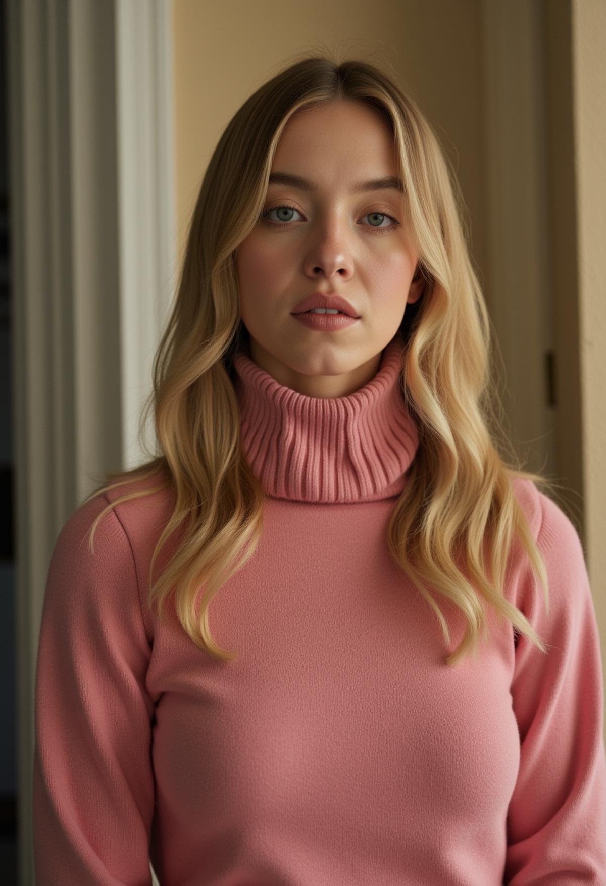 a photo of Sydney Sweeney wearing a turtleneck sweater,  <lora:Sydney_Sweeney:1>