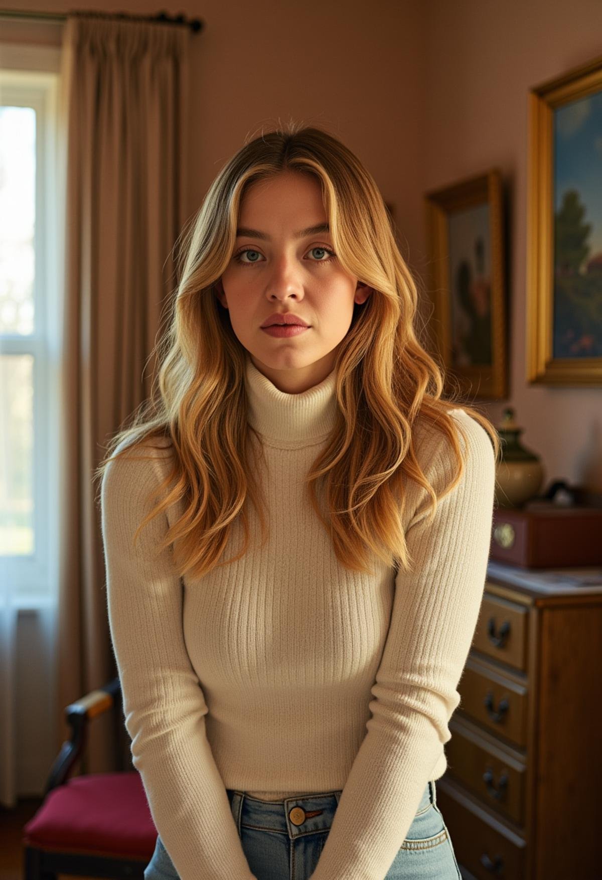 a photo of Sydney Sweeney wearing a turtleneck sweater,  <lora:Sydney_Sweeney:1>