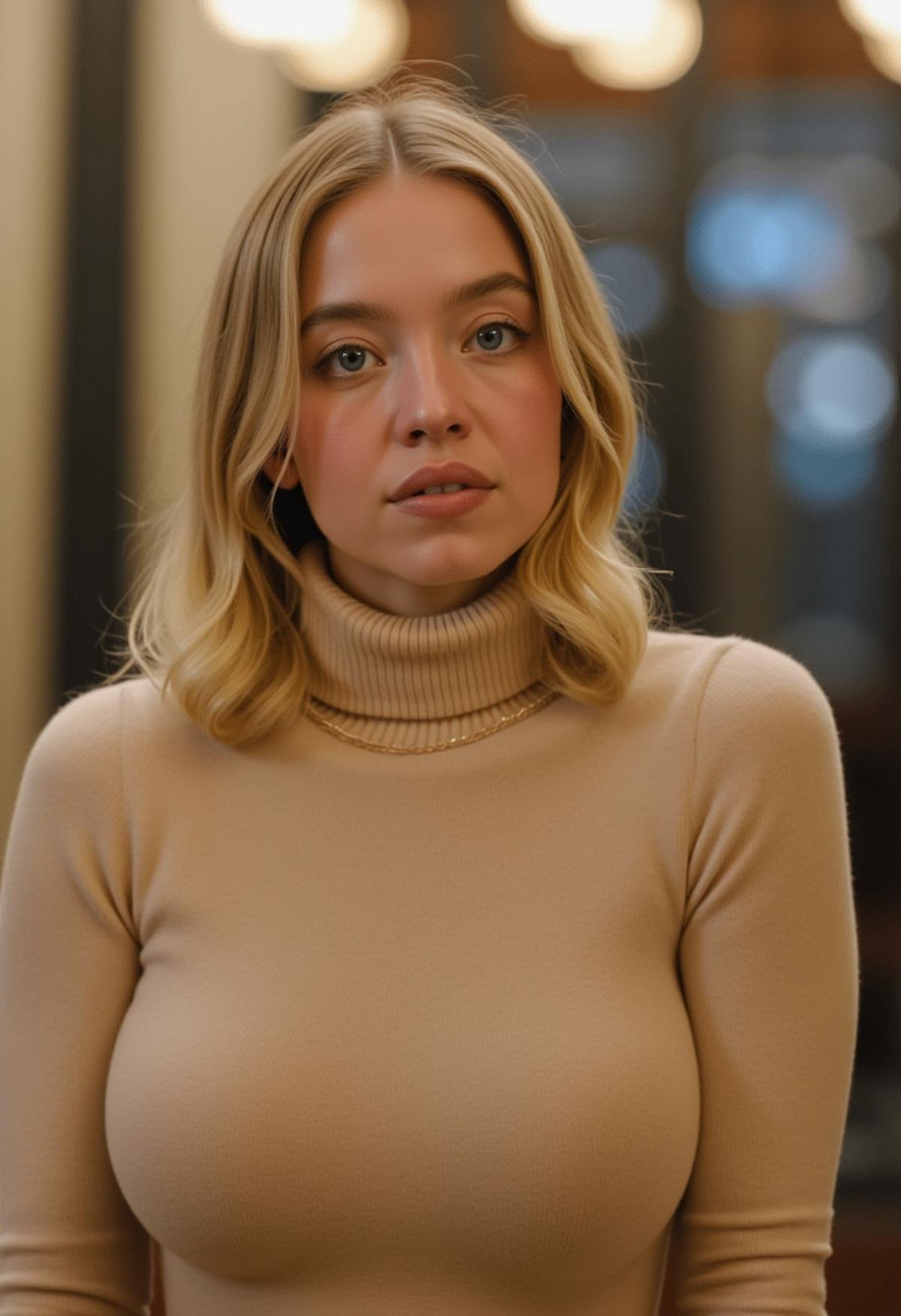 a photo of Sydney Sweeney wearing a turtleneck sweater,  <lora:Sydney_Sweeney:1>