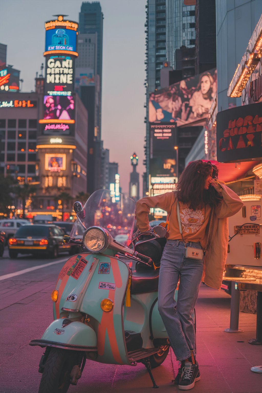 A nostalgic scene unfolds: Neon-lit streets of 1980s suburbia. A pastel-colored Vespa scooter is parked on a sidewalk, adorned with retro stickers and streamers. The sun casts a warm glow, illuminating a young woman in high-waisted jeans and a band t-shirt, holding a cassette tape player and gazing upwards at the iconic skyscrapers of downtown, as if lost in the music.