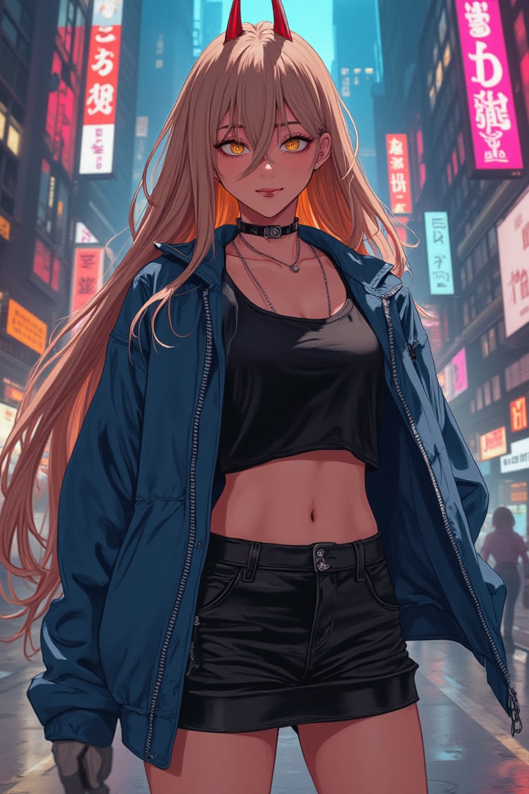 Cyberpunk, powercsm, neon lights, futuristic city, action shot, 1girl, blonde, long hair red horns, yellow eyes, hair between eyes, smirk,  detailed illustration, akira toriyama style,1girl_Anime, black top, navel, blue jacket, miniskirt,