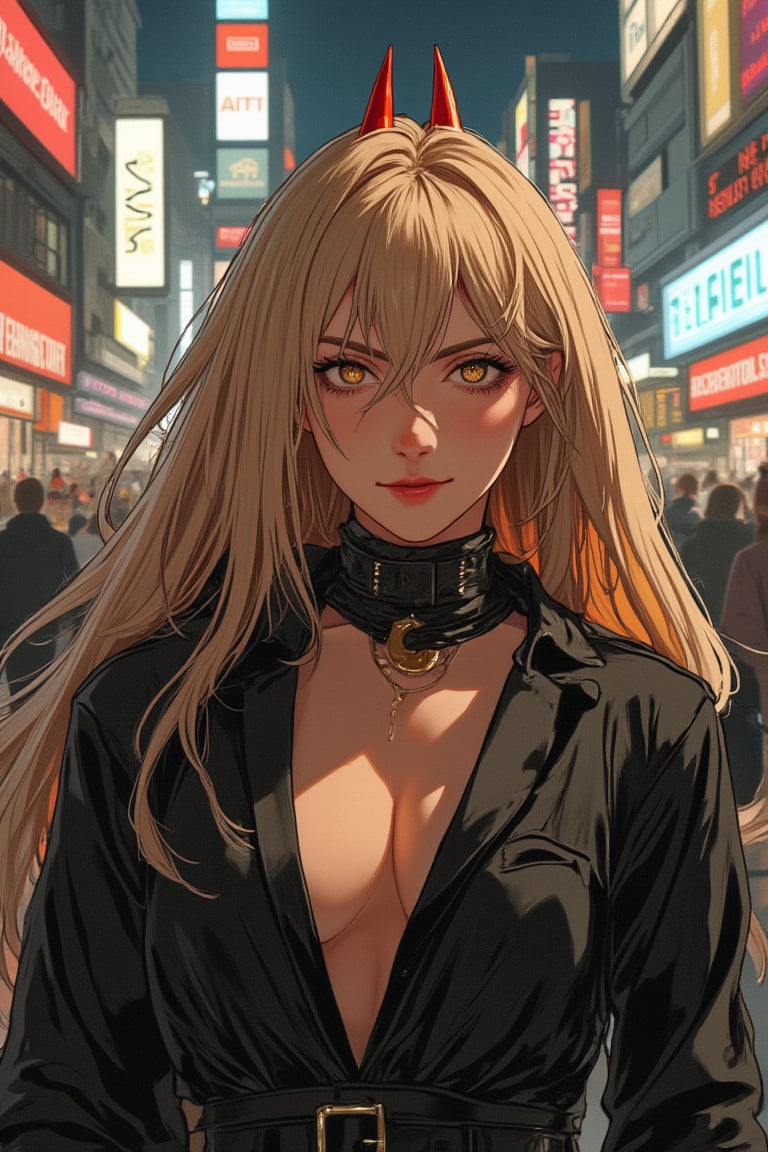 Cyberpunk, powercsm, neon lights, futuristic city, action shot, 1girl, blonde, long hair red horns, yellow eyes, hair between eyes, smirk,  detailed illustration, akira toriyama style,1girl_Anime