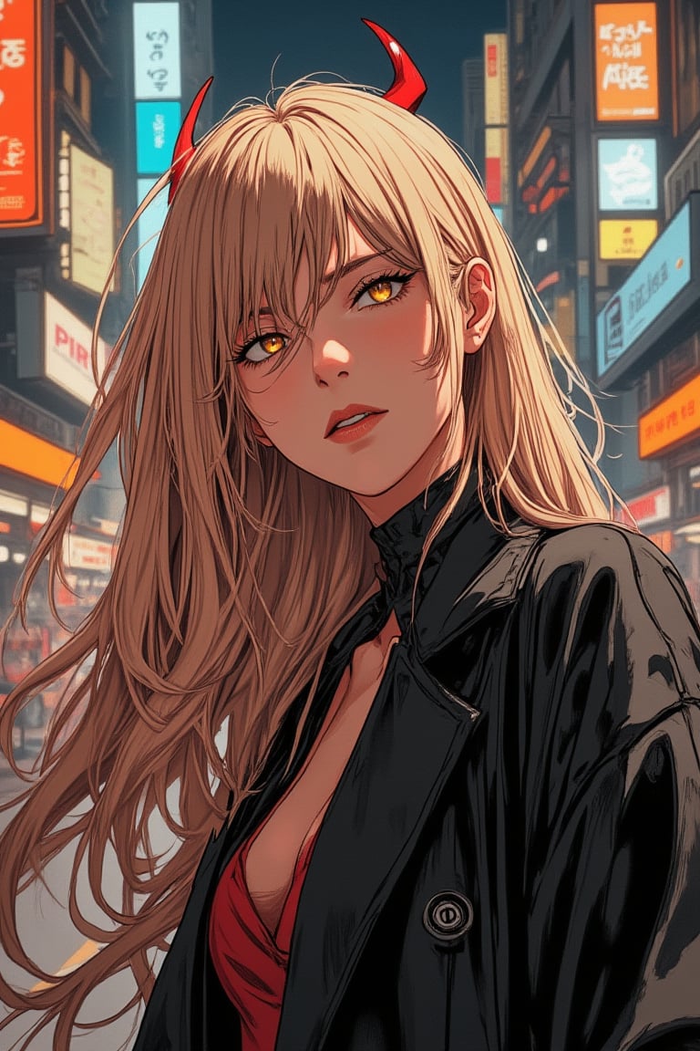 Cyberpunk, powercsm, neon lights, futuristic city, action shot, 1girl, blonde, long hair red horns, yellow eyes, hair between eyes, smirk,  detailed illustration, akira toriyama style,1girl_Anime