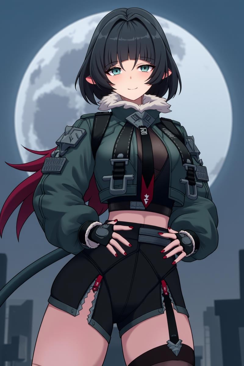 anime, 8k, best quality, masterpiece, (ultra-detailed), good hands, 5 fingers, <lora:简杜-Jane_Doe_r1-000001:1>,  jiandoe, tail, pointy ears, default clothes, green jacket, 1girl, black hair, torn clothes, gloves, fingerless gloves, shorts, torn  pantyhose, suspenders, necktie, sling, sexy girl is smiling at you, she put her hands on her hips, based on the spire, the full moon is her background, wonderful movie screen, 