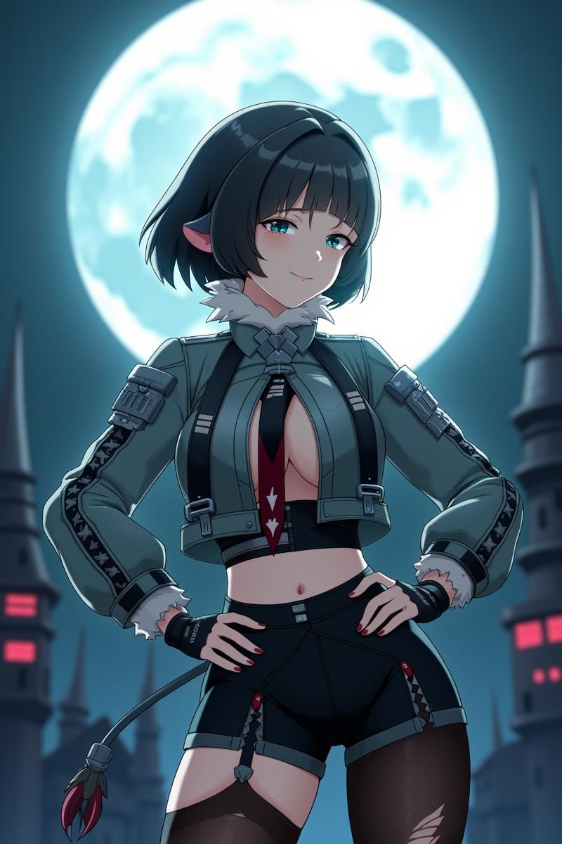 anime, 8k, best quality, masterpiece, (ultra-detailed), good hands, 5 fingers, <lora:简杜-Jane_Doe-000006:1>, jiandoe, tail, pointy ears, default clothes, green jacket, 1girl, black hair, torn clothes, gloves, fingerless gloves, shorts, torn  pantyhose, suspenders, necktie, sling, sexy girl is smiling at you, she put her hands on her hips, based on the spire, the full moon is her background, wonderful movie screen, 