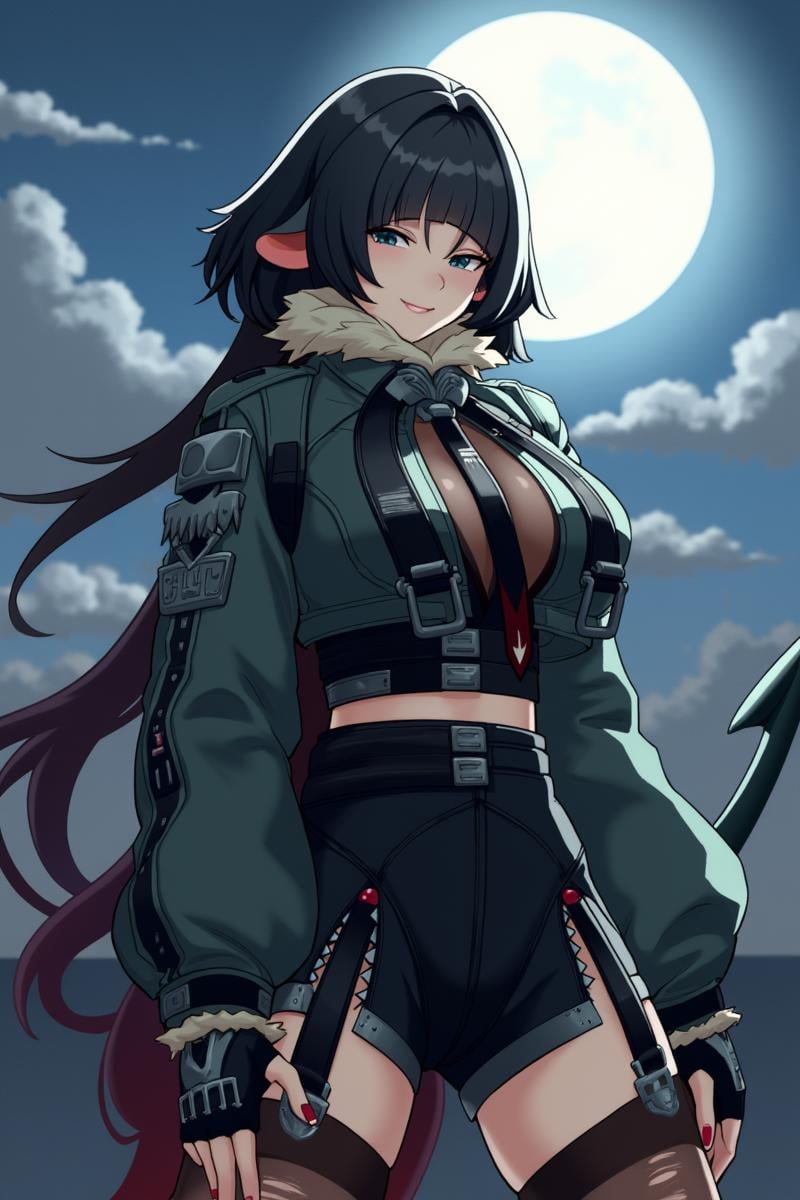 anime, 8k, best quality, masterpiece, (ultra-detailed), good hands, 5 fingers,  <lora:简杜-Jane_Doe_r1-000001:1>, jiandoe, tail, pointy ears, default clothes, green jacket, 1girl, black hair, torn clothes, gloves, fingerless gloves, shorts, torn  pantyhose, suspenders, necktie, sling, sexy girl is smiling at you, she put her hands on her hips, based on the spire, the full moon is her background, wonderful movie screen,