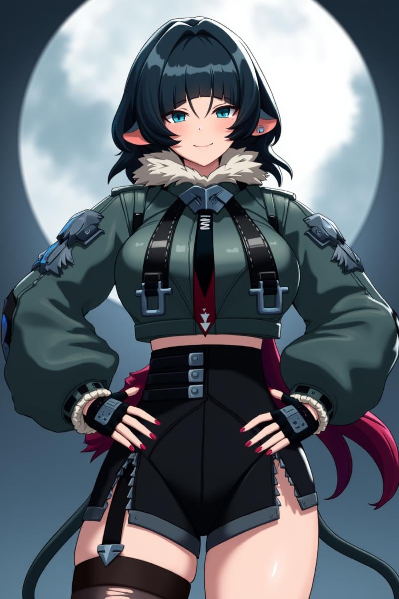 anime, 8k, best quality, masterpiece, (ultra-detailed), good hands, 5 fingers,  <lora:简杜-Jane_Doe_r1-000001:1>, jiandoe, tail, pointy ears, default clothes, green jacket, 1girl, black hair, torn clothes, gloves, fingerless gloves, shorts, torn  pantyhose, suspenders, necktie, sling, sexy girl is smiling at you, she put her hands on her hips, based on the spire, the full moon is her background, wonderful movie screen,