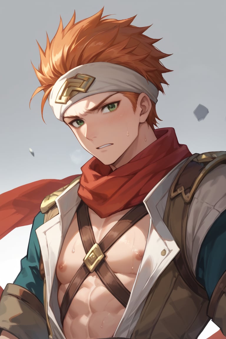 score_9, score_8_up, score_7_up, source_anime, BREAK, 1boy, male focus, solo, Murad, green eyes, orange hair, headband, official alternate costume, desert costume, open clothes, red scarf, looking at viewer, portrait, simple background, sweat