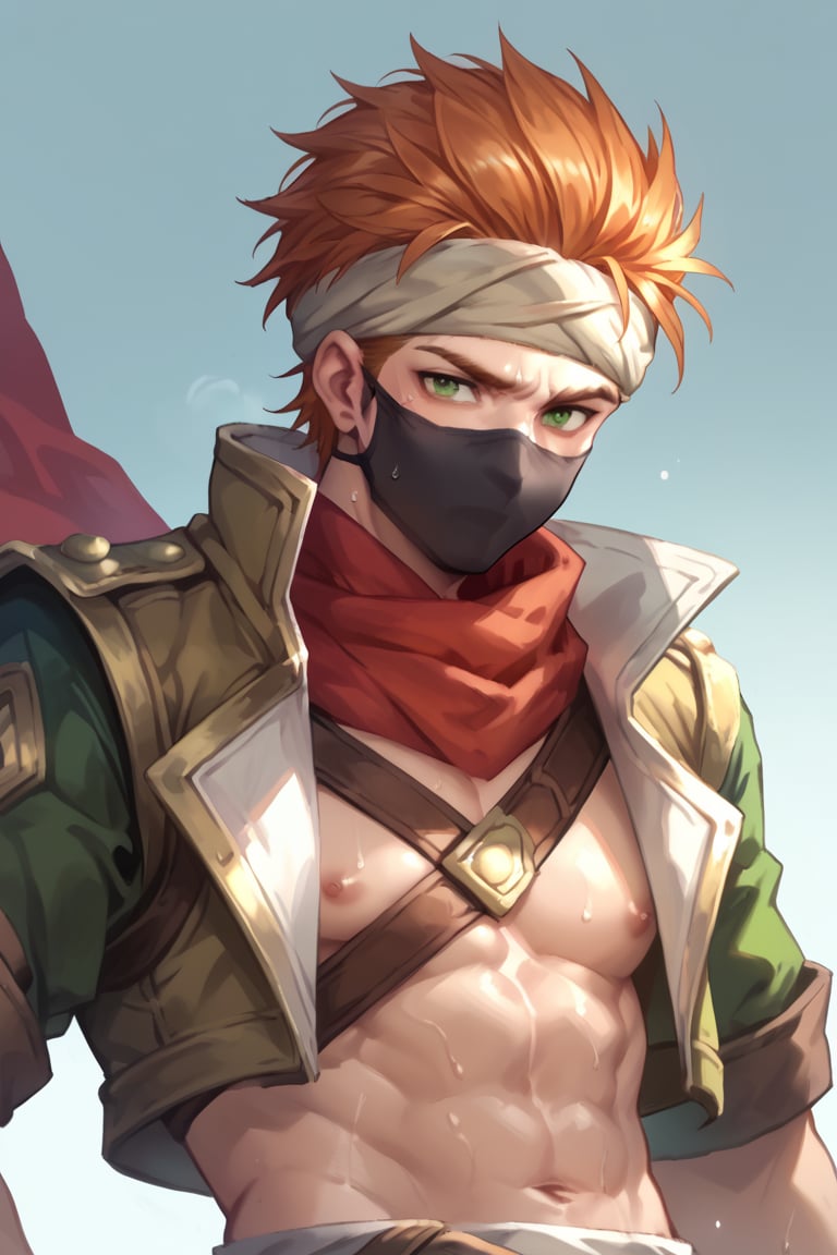 score_9, score_8_up, score_7_up, source_anime, BREAK, 1boy, male focus, solo, Murad, green eyes, orange hair, headband, official alternate costume, desert costume, cropped jacket, face mask, open clothes, red scarf, looking at viewer, portrait, simple background, sweat, calm