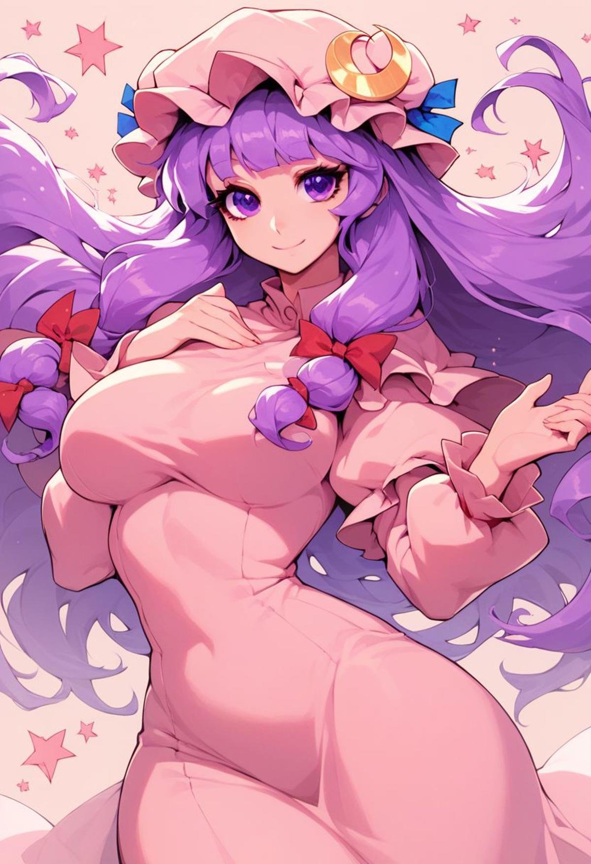 score_9, score_8_up, score_8, medium breasts, (curvy), cute, eyelashes, patchouli_knowledge, 1girl, solo, purple hair, purple eyes, long hair,  mob cap, crescent hat ornament, solo, smiling,(pink theme),floating hair,