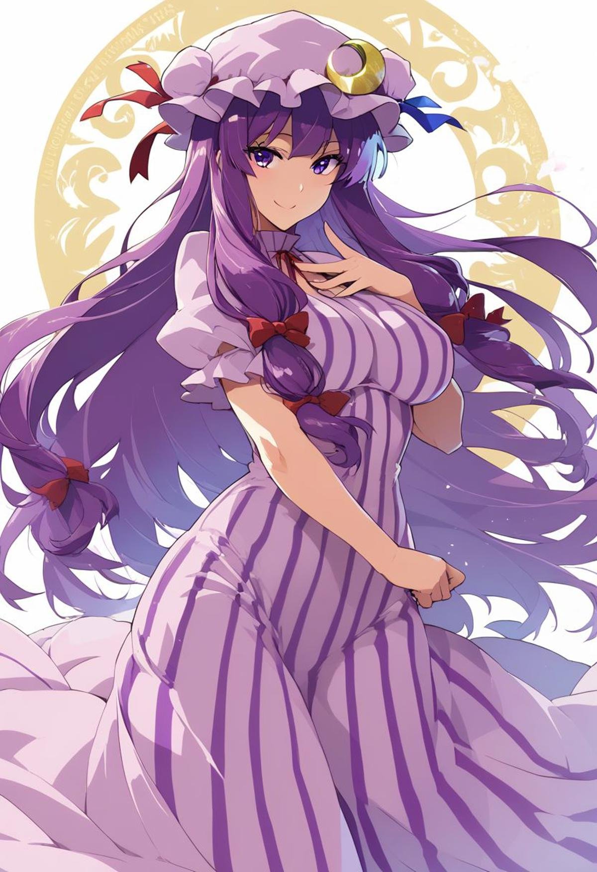 masterpiece, best quality, ultra-detailed, illustration,score_9, score_8_up, score_8, medium breasts, (curvy), cute, eyelashes, patchouli knowledge, 1girl, dress, (purple hair, purple eyes:1), long hair, mob cap, crescent hat ornament, ribbon, dress, vertical stripes, smile, takeda hiromitsu style