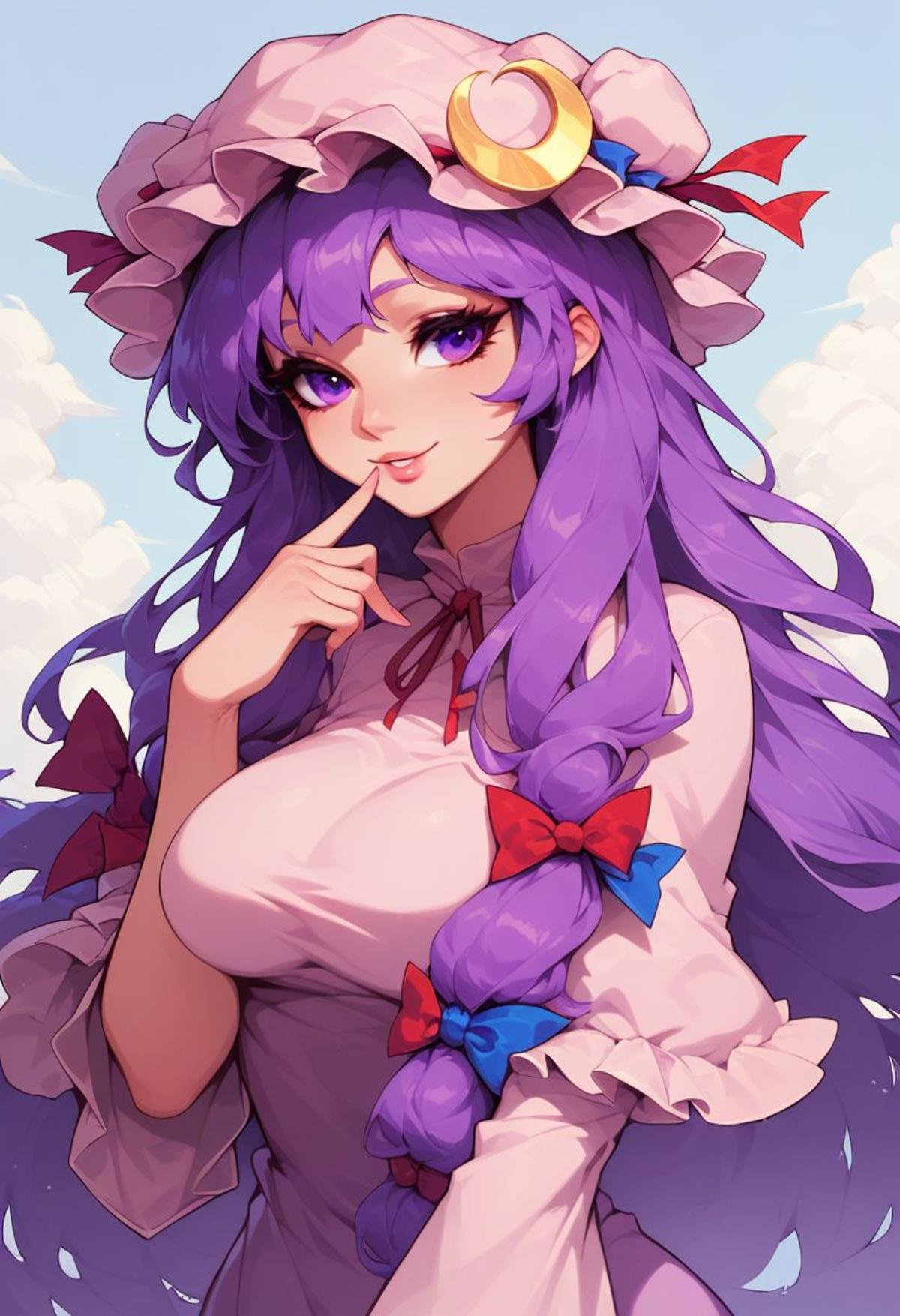 score_9, score_8_up, score_8, medium breasts, (curvy), cute, eyelashes, patchouli_knowledge, 1girl, solo, purple hair, purple eyes, long hair, mob cap, crescent hat ornament, solo, finger on lips, smiling,