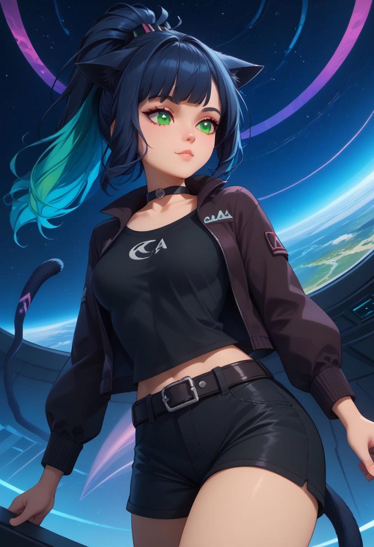 score_9, score_8_up, score_8, medium breasts, (curvy), cute, eyelashes,  rating_safe,BREAK, patJessica, cat ears, ponytail, green eyes, multicolored hair, cat girl, blue hair, black hair, cat tail, long hair, patJessica, cat ears, ponytail, green eyes, multicolored hair, cat girl, blue hair, black hair, cat tail, long hair,   choker, black jacket, belt, black shirt, black shorts, , BREAK, dynamic angle, stars, floating, colorful, pink, blue eyes, black bow, from side, on back, spaceship, technological,zPDXL,