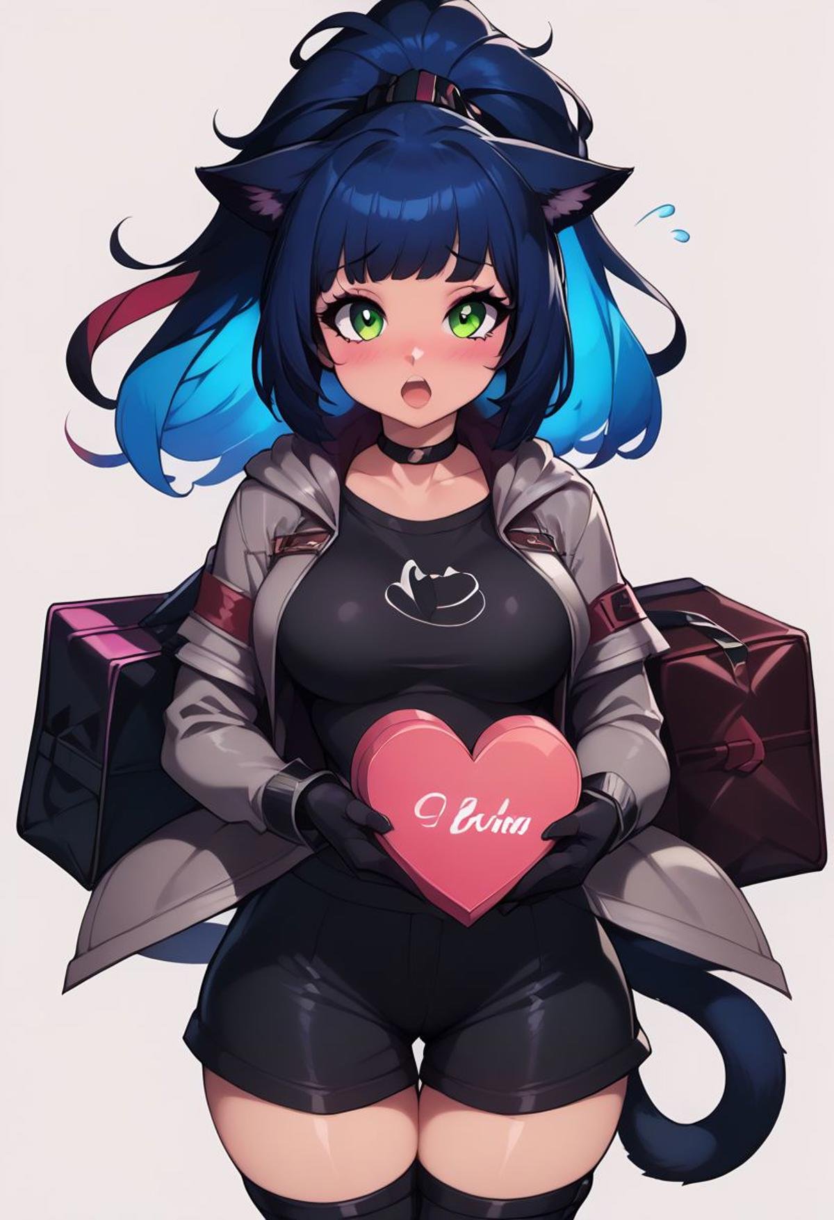 score_9, score_8_up, score_8, medium breasts, (curvy),((1girl)), cute, eyelashes,       neon lights,  looking at viewer, patJessica, cat ears, ponytail, green eyes, multicolored hair, cat girl, blue hair, black hair, cat tail, long hair,   heart-shaped box, open mouth, looking at viewer, valentine, white background, black gloves, black shirt, open jacket, knee pads, blush, simple background, flying sweatdrops, grey jacket, collarbone, long sleeves, black shorts, holding gift, medium breasts, bag, choker, holding box,zPDXL, 