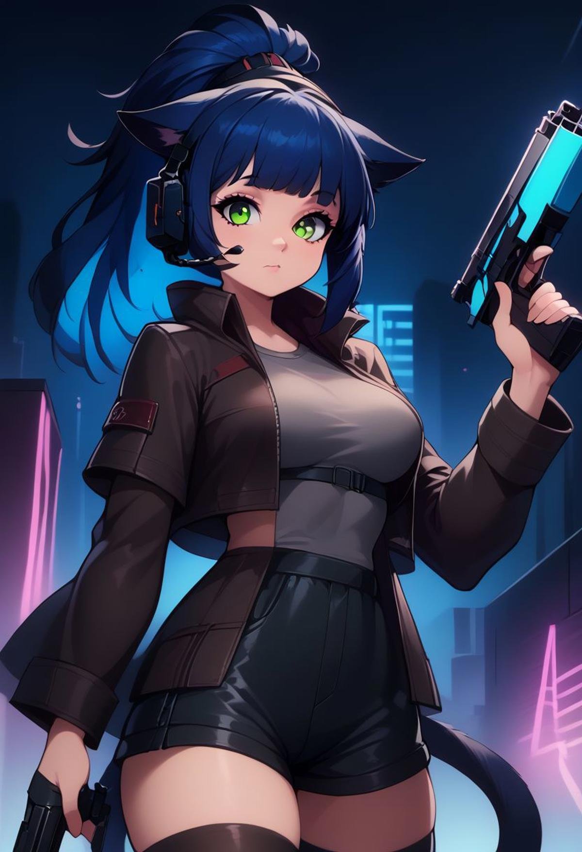 score_9, score_8_up, score_8, medium breasts, (curvy),((1girl)), cute, eyelashes,       neon lights,  looking at viewer, patJessica, cat ears, ponytail, green eyes, multicolored hair, cat girl, blue hair, black hair, cat tail, long hair,   black shorts, headset, looking at viewer, black thighhighs, gun, cropped legs, long sleeves, open coat, cowboy shot, hand in pocket, open jacket, grey shirt, black shirt, black coat, black jacket, closed mouth, hand up, weapon on back, short shorts,zPDXL, cowboy shot, 