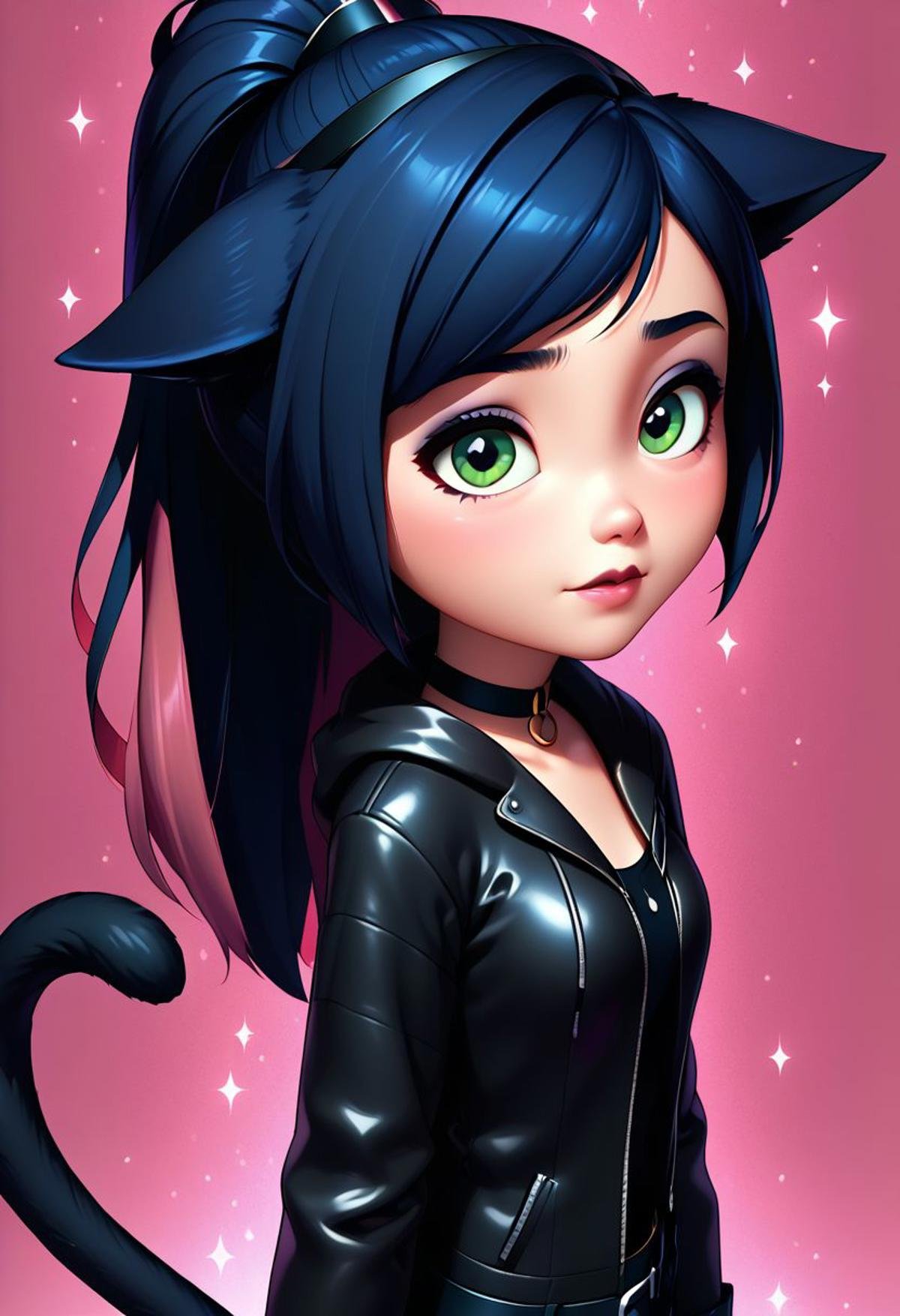 (score_9, score_8_up:1.1), score_7_up,pink theme background,glitter,sparkles,shiny,1girl, Live - action adaptation of a 3d character of violetparr,  1girl, solo, BREAK,patJessica, cat ears, ponytail, green eyes, multicolored hair, cat girl, blue hair, black hair, cat tail, long hair, patJessica, cat ears, ponytail, green eyes, multicolored hair, cat girl, blue hair, black hair, cat tail, long hair,   choker, black jacket, BREAK, goth girl, charming face, cool expression, blushing, leather jacket, choker, cross, goth clothes, fishnet,