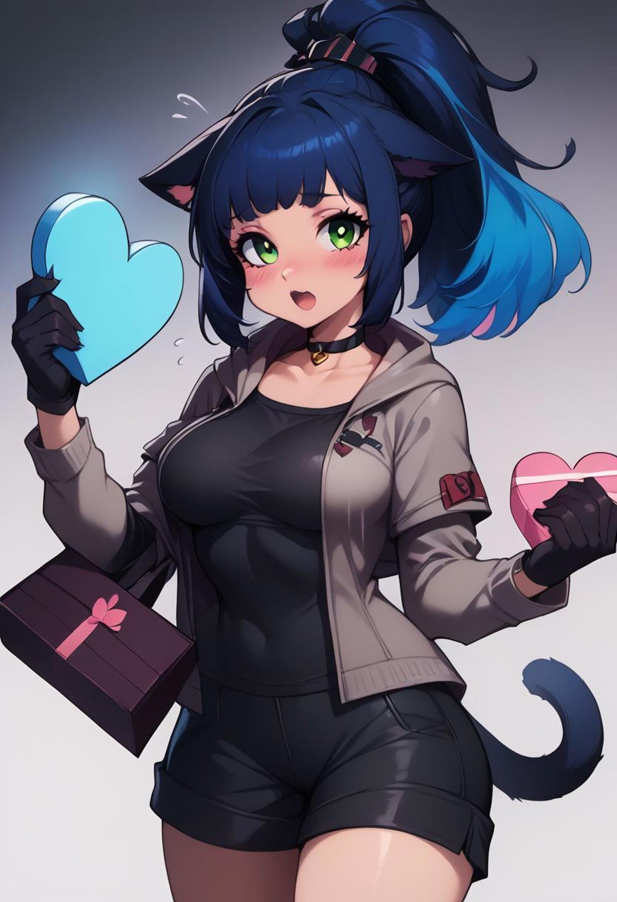 score_9, score_8_up, score_8, medium breasts, (curvy),((1girl)), cute, eyelashes,       neon lights,  looking at viewer, patJessica, cat ears, ponytail, green eyes, multicolored hair, cat girl, blue hair, black hair, cat tail, long hair,   heart-shaped box, open mouth, looking at viewer, valentine, white background, black gloves, black shirt, open jacket, knee pads, blush, simple background, flying sweatdrops, grey jacket, collarbone, long sleeves, black shorts, holding gift, medium breasts, bag, choker, holding box,zPDXL, 