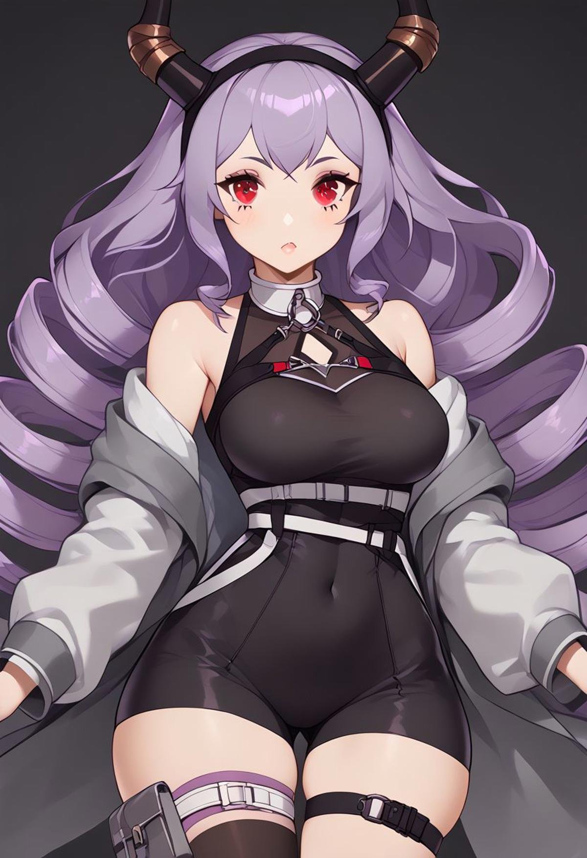 score_9, score_8_up, score_8, medium breasts, (curvy), cute, eyelashes,  zzNill, BREAK,patTyphon, very long hair, purple hair, sidelocks, drill hair, twin drills, red eyes,  black hairband, horns, open coat, grey coat, long sleeves, sleeveless shirt, black shirt, clothing cutout, bare shoulders, belt, buckle, covered navel, black leotard, black shorts, thigh strap, thigh belt, asymmetrical legwear, single thighhigh, black thighhighs, socks, grey footwear,wide hips, narrow waist,