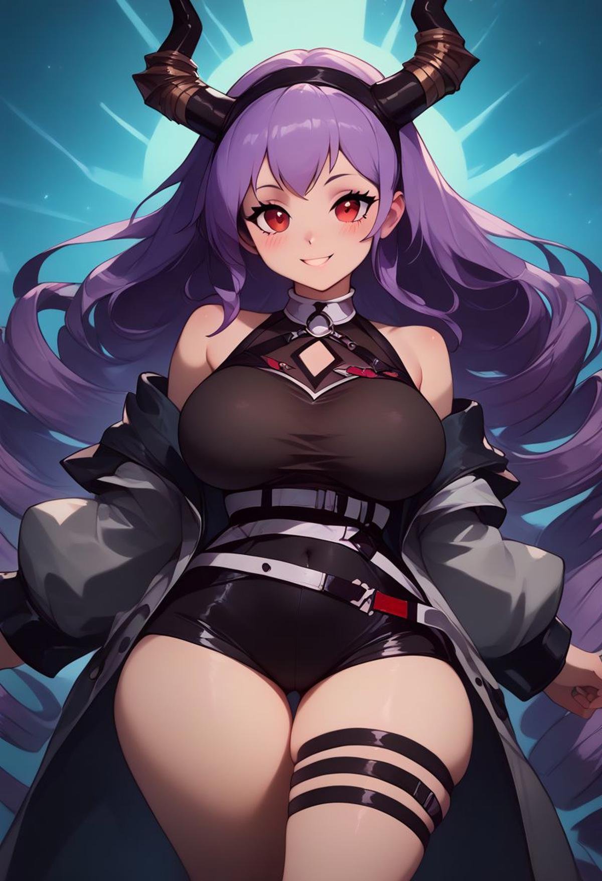 score_9, score_8_up, score_7_up, pretty girl, vivid bright colors, highly sexual poses, pinup art, medium breasts, (curvy), cute, eyelashes, Expressiveh,BREAK, , patTyphon, very long hair, purple hair, sidelocks, drill hair, twin drills, red eyes, black hairband, horns, open coat, grey coat, long sleeves, sleeveless shirt, black shirt, clothing cutout, bare shoulders, belt, buckle, covered navel, black leotard, black shorts, thigh strap, thigh belt, asymmetrical legwear, single thighhigh, black thighhighs, socks, grey footwear, wide hips, narrow waist,cowboy shot, smile, blush, 