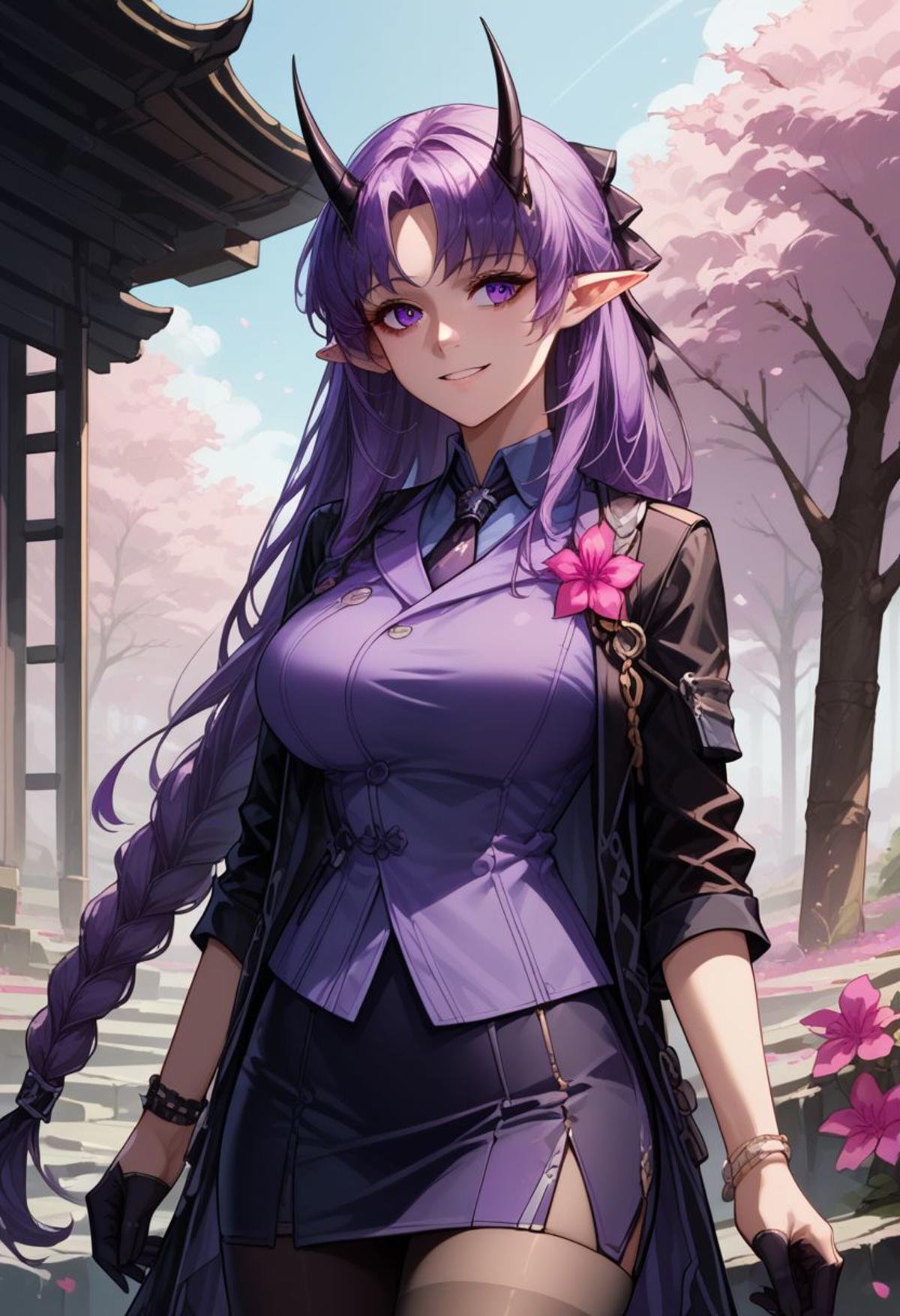 score_9, score_8_up, score_8, score_7_up,score_6_up,patHibiscus, long hair, purple hair, braid, pointy ears, horns, black necktie, purple shirt, black jacket, open clothes, pink flower, long sleeves, bracelet, black gloves, half gloves, black skirt, black pantyhose,cherry blossoms, outdoors, petals, standing, cowboy shot, smile, Expressiveh