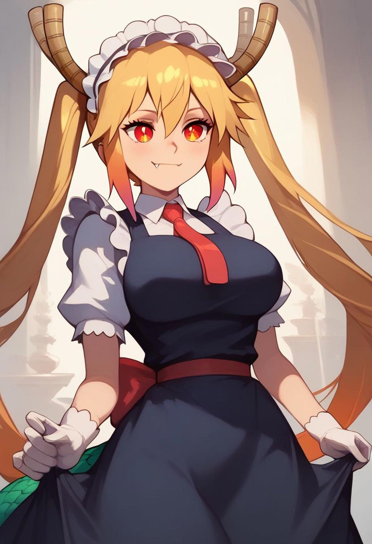 masterpiece, best quality, ultra-detailed, illustration,score_9, score_8_up, score_8, medium breasts, (curvy), cute, eyelashes, tohru, long hair, bangs, blonde hair, hair between eyes, twintails, very long hair, multicolored hair, horns, fang, gradient hair, dragon horns, red eyes, slit pupils, gloves, dress, tail, short sleeves, necktie, white gloves, maid, maid headdress, dragon girl, dragon tail, scales, large tail, smile, cowboy shot,  Expressiveh, zPDXL2