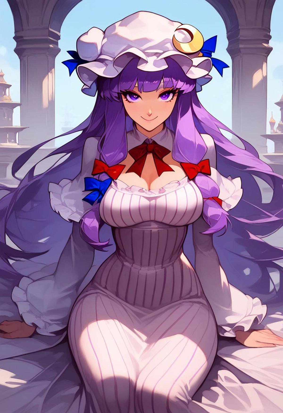 masterpiece, best quality, ultra-detailed, illustration,score_9, score_8_up, score_8, medium breasts, (curvy), cute, eyelashes, patchouli knowledge, 1girl, dress, (purple hair, purple eyes:1), long hair, mob cap, crescent hat ornament, ribbon, dress, vertical stripes, smile, Expressiveh, zPDXL2