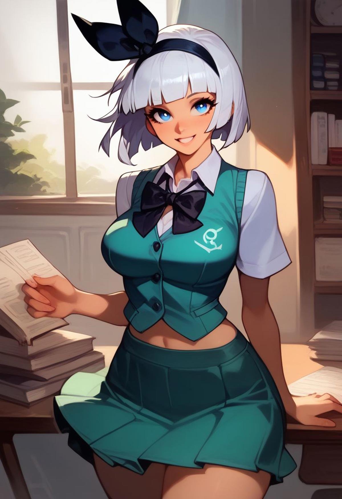 score_9, score_8_up, score_8, medium breasts, (curvy), cute, eyelashes, solo, konpaku youmu, 1girl, white hair, short hair, blunt bangs, blue eyes, hairband, hair ribbon, black ribbon, black bowtie, white shirt, collared shirt, green vest, green skirt, socks,smile, cowboy shot,  Expressiveh, zPDXL2